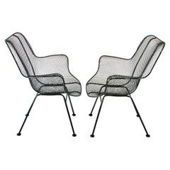 Pair of Woodard Sculptura Wrought Iron with Steel Mesh High Back Lounge Chairs