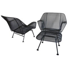 Pair of Woodard Wrought Iron and steel Mesh Lounge Chairs with matching ottoman Pair of Woodard Wrought Iron and steel Mesh Lounge Chairs with matching ottoman