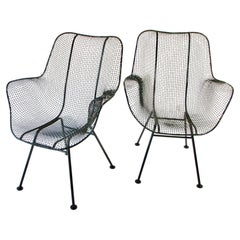 Pair of Woodard Wrought Iron with Steel Mesh Black Tall Back Lounge Chairs