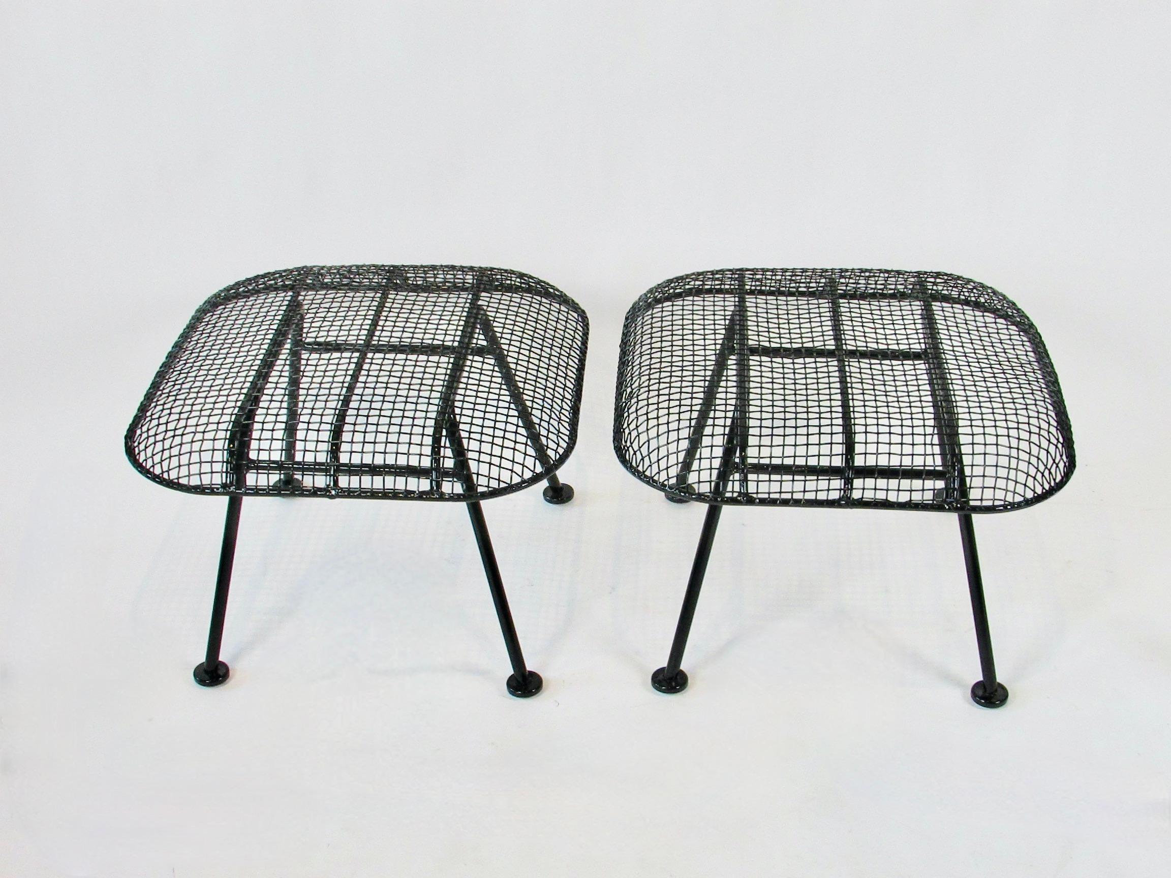 Mid-Century Modern Pair of Woodard Wrought Iron with Steel Mesh Ottomans For Sale