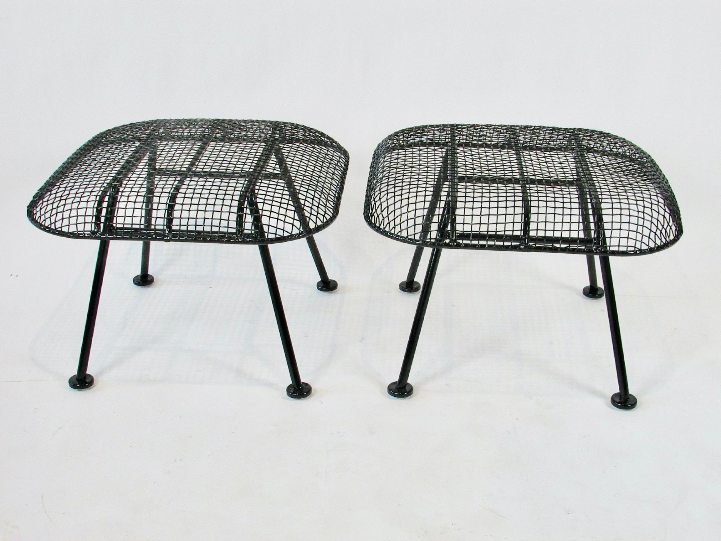 American Pair of Woodard Wrought Iron with Steel Mesh Ottomans For Sale