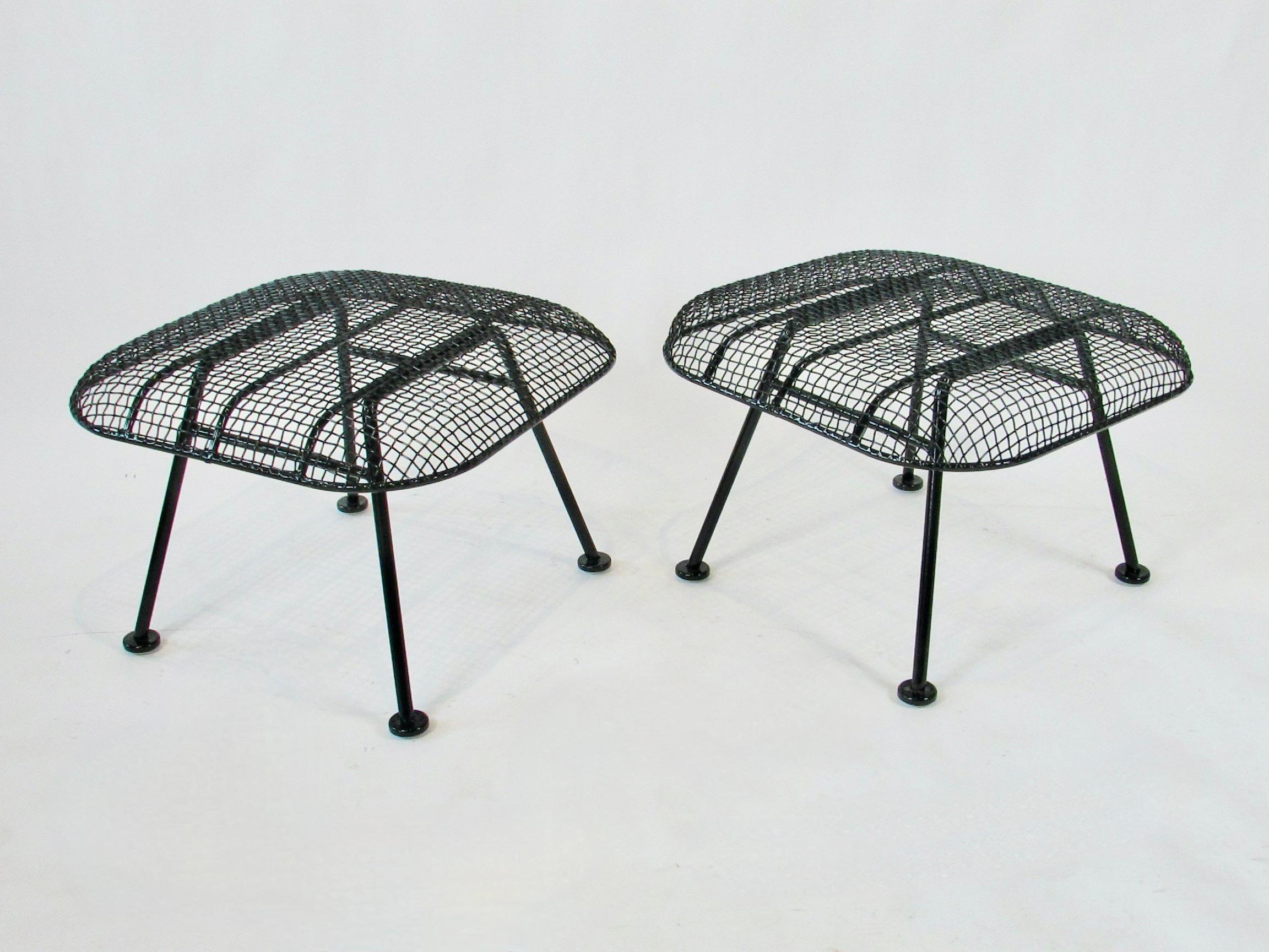 Powder-Coated Pair of Woodard Wrought Iron with Steel Mesh Ottomans For Sale