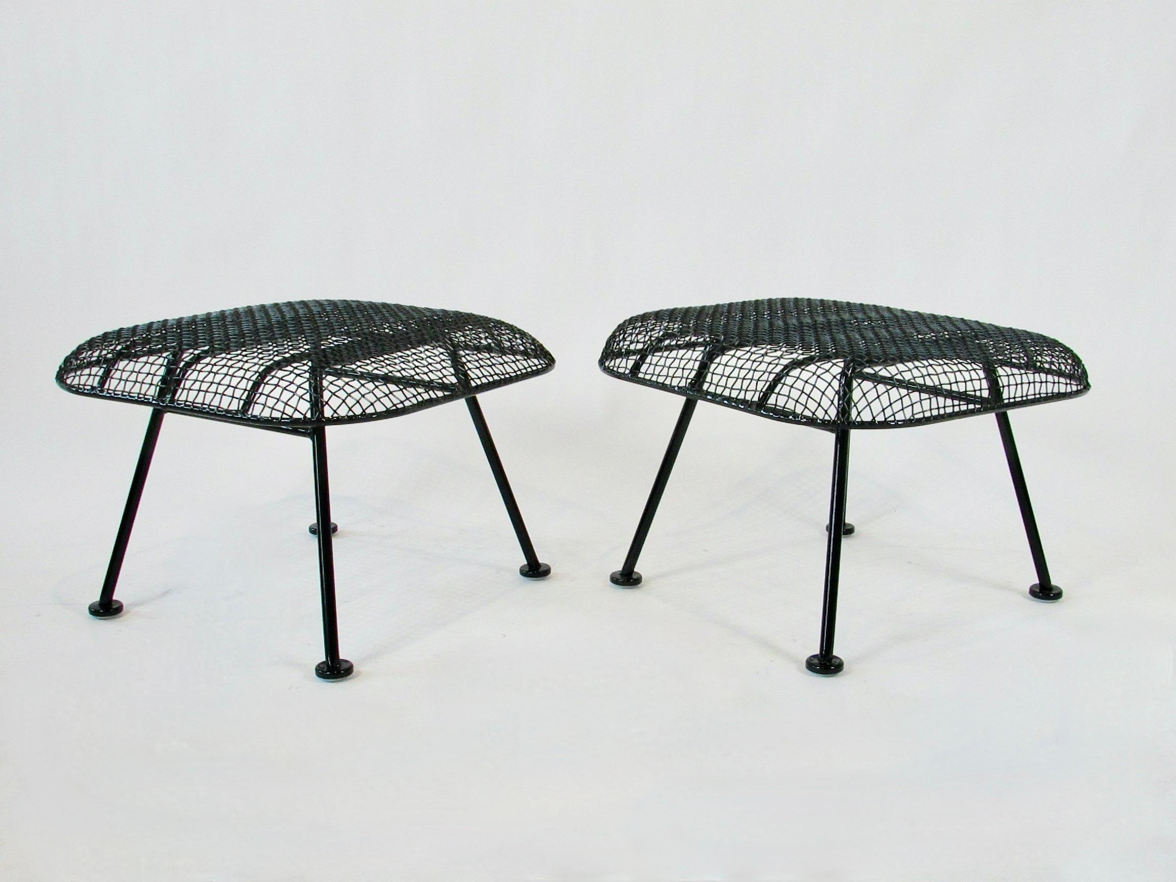 Pair of Woodard Wrought Iron with Steel Mesh Ottomans In Good Condition For Sale In Ferndale, MI