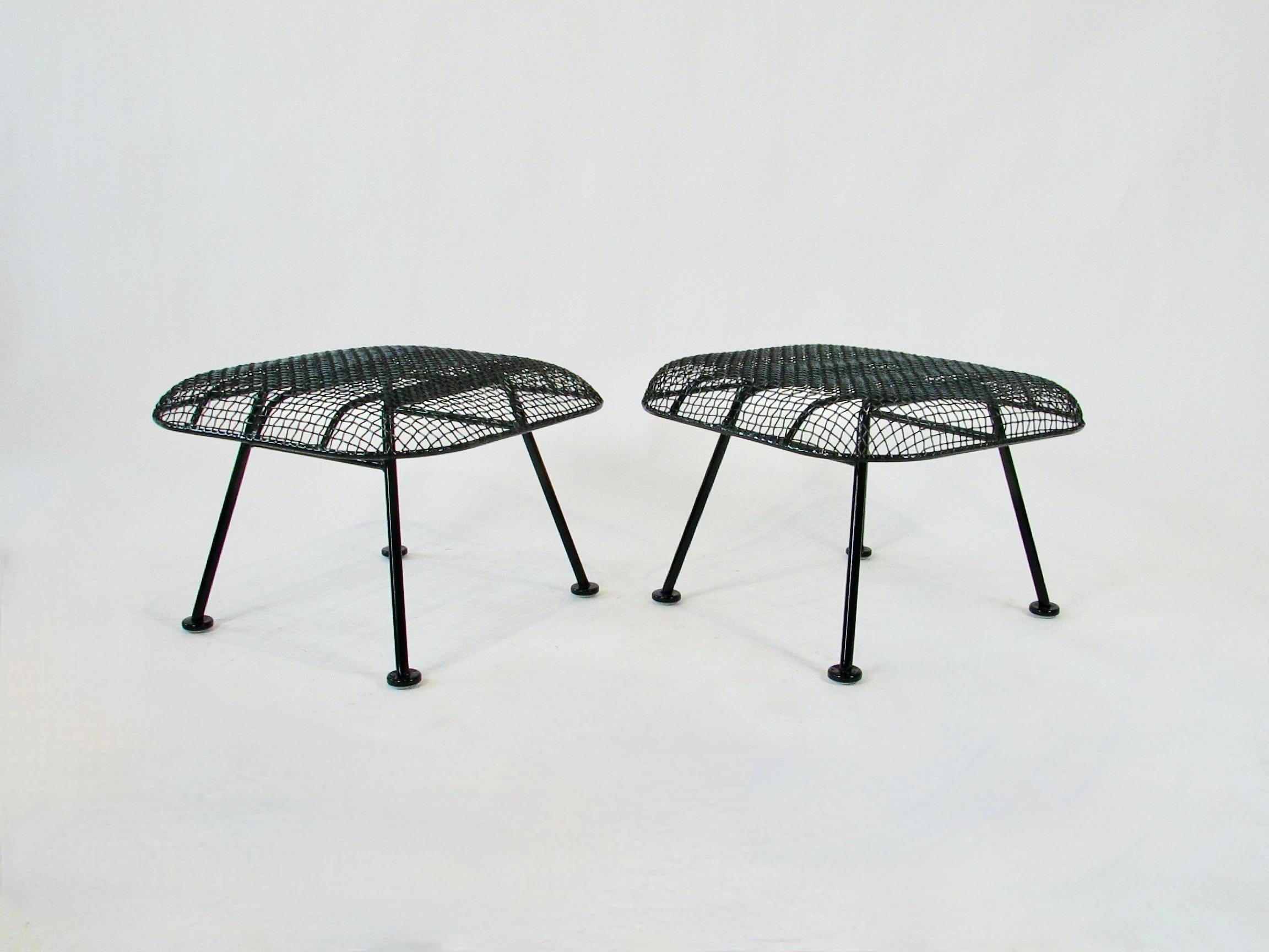 Mid-20th Century Pair of Woodard Wrought Iron with Steel Mesh Ottomans For Sale