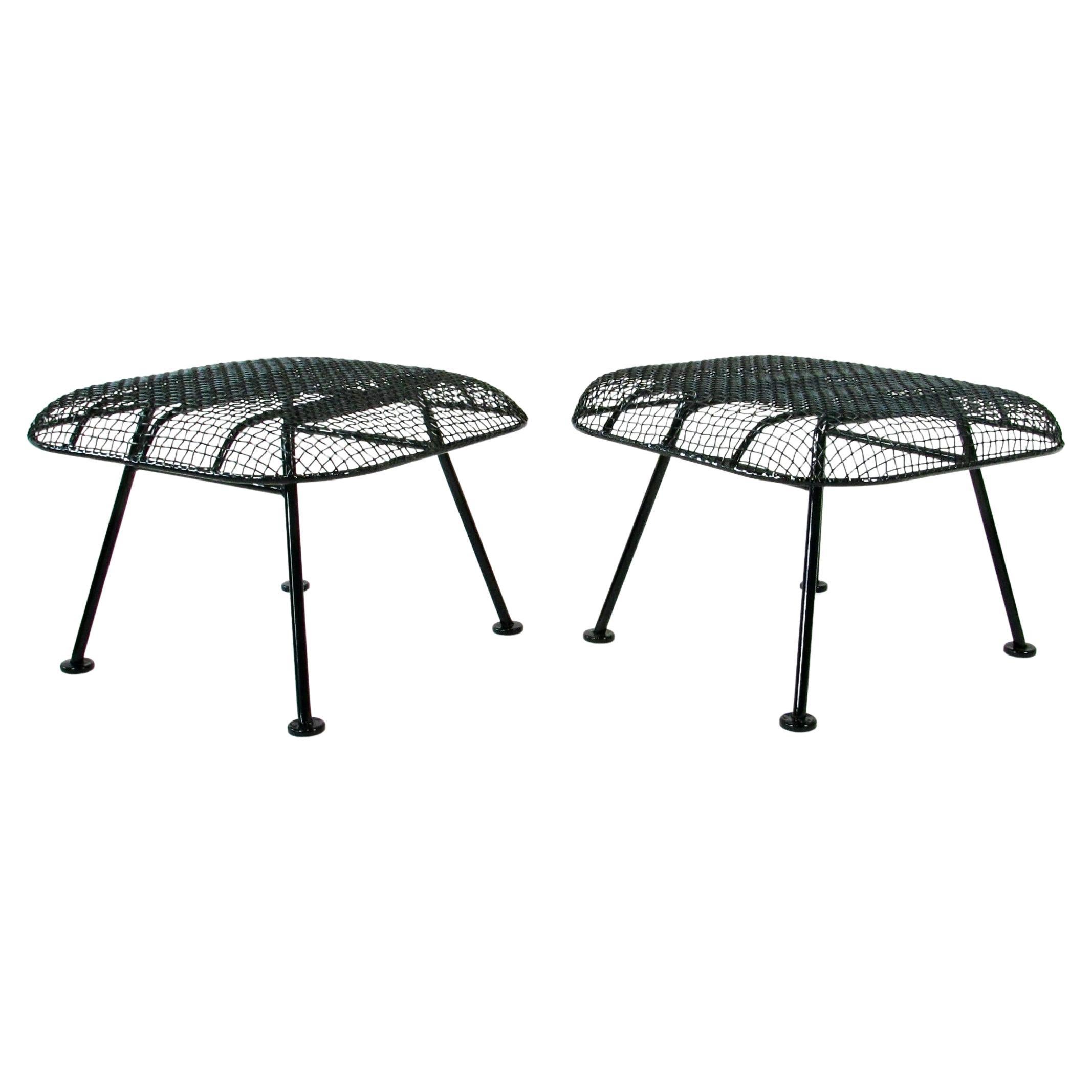 Pair of Woodard Wrought Iron with Steel Mesh Ottomans For Sale
