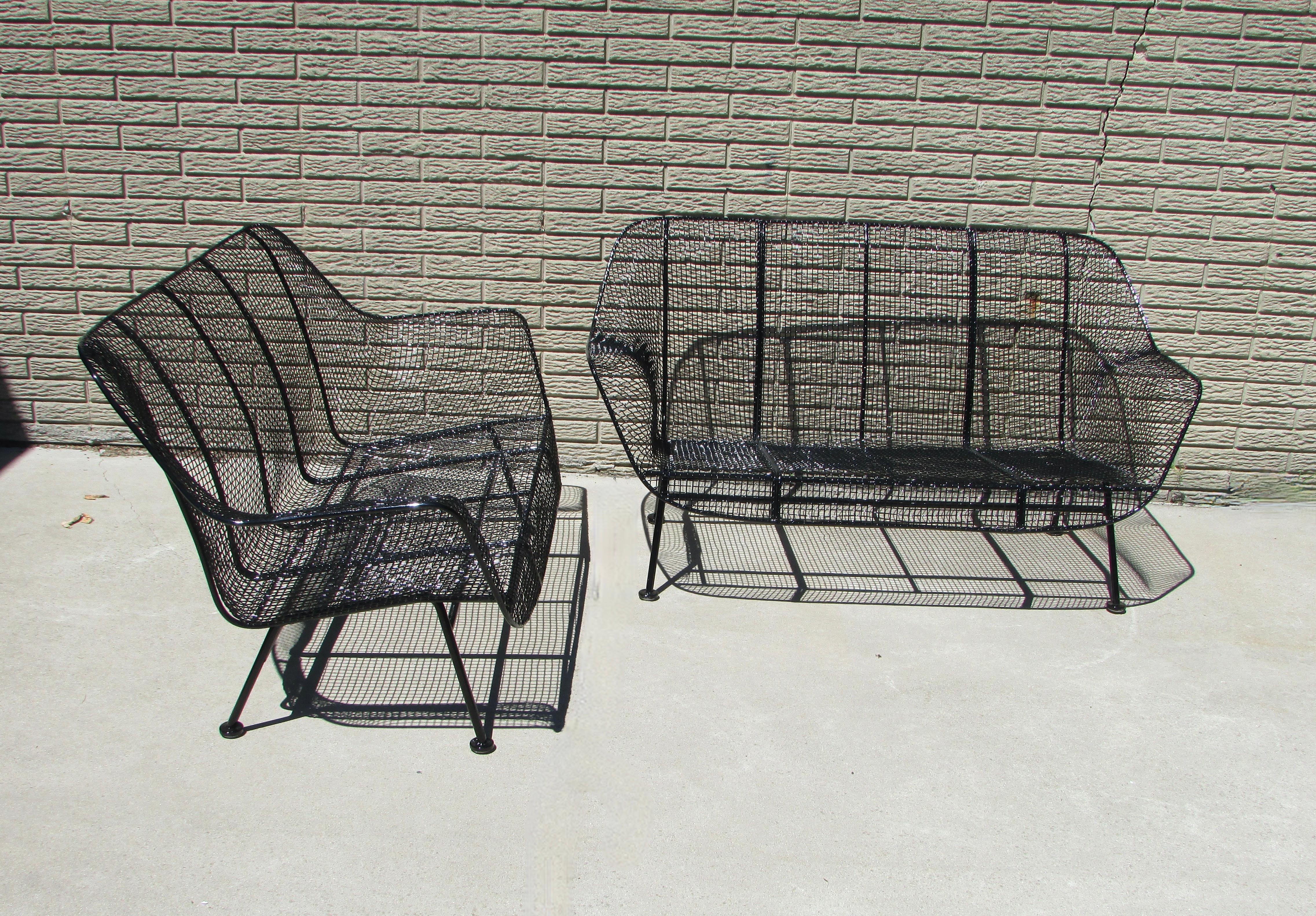 Pair of Woodard Wrought Iron with Steel Mesh Settees Recently Powder Coated 5