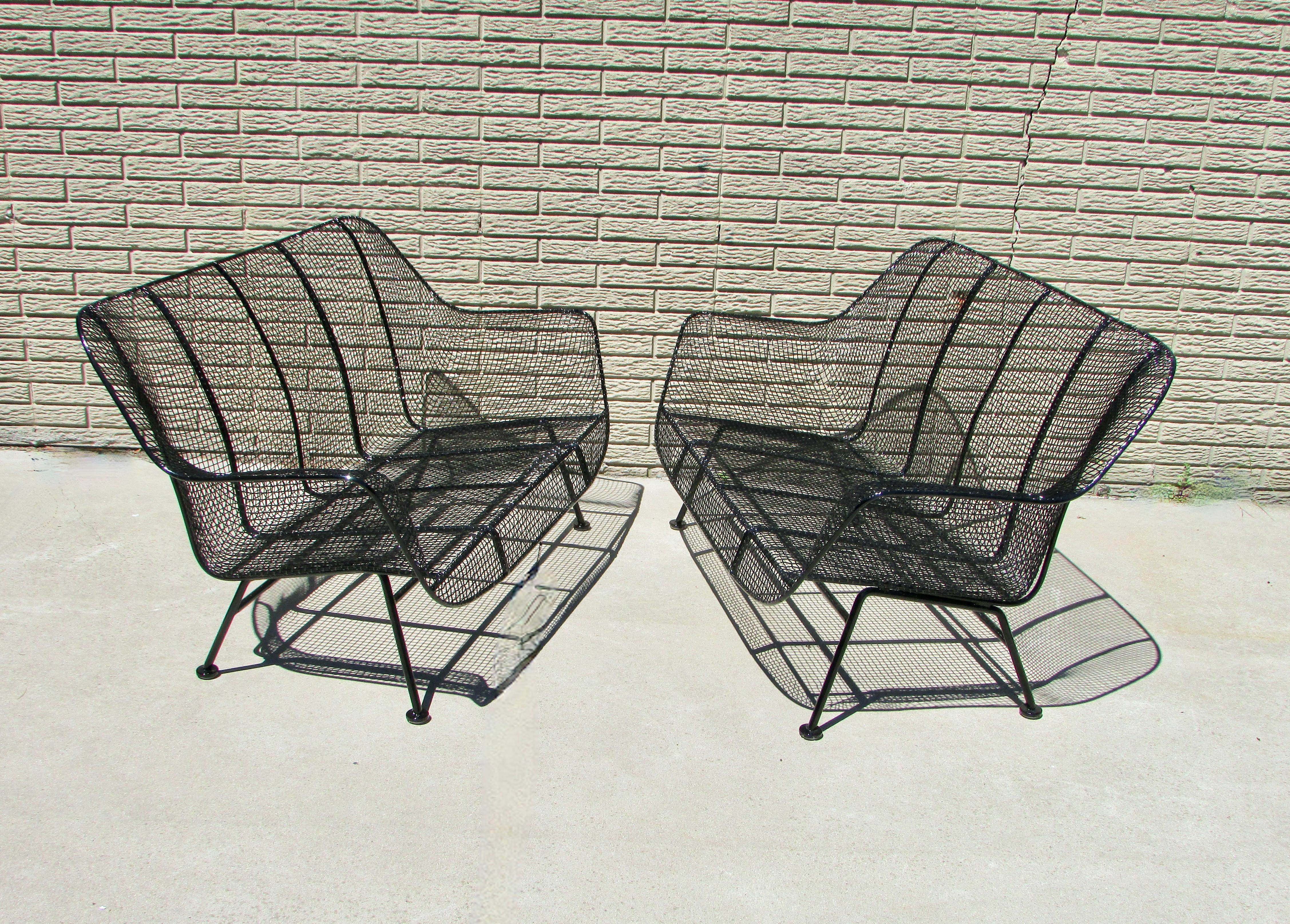 Powder-Coated Pair of Woodard Wrought Iron with Steel Mesh Settees Recently Powder Coated