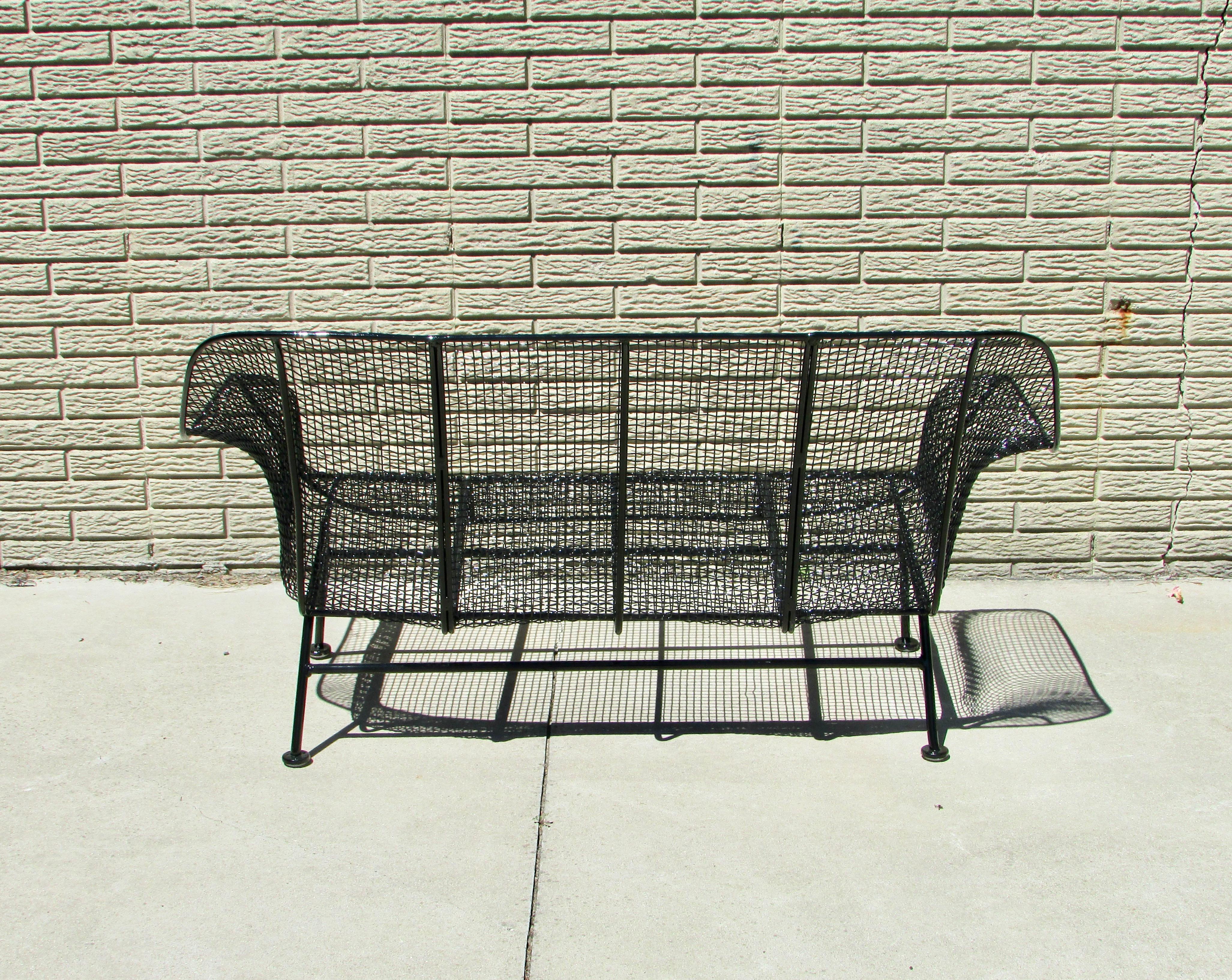 Pair of Woodard Wrought Iron with Steel Mesh Settees Recently Powder Coated In Excellent Condition In Ferndale, MI