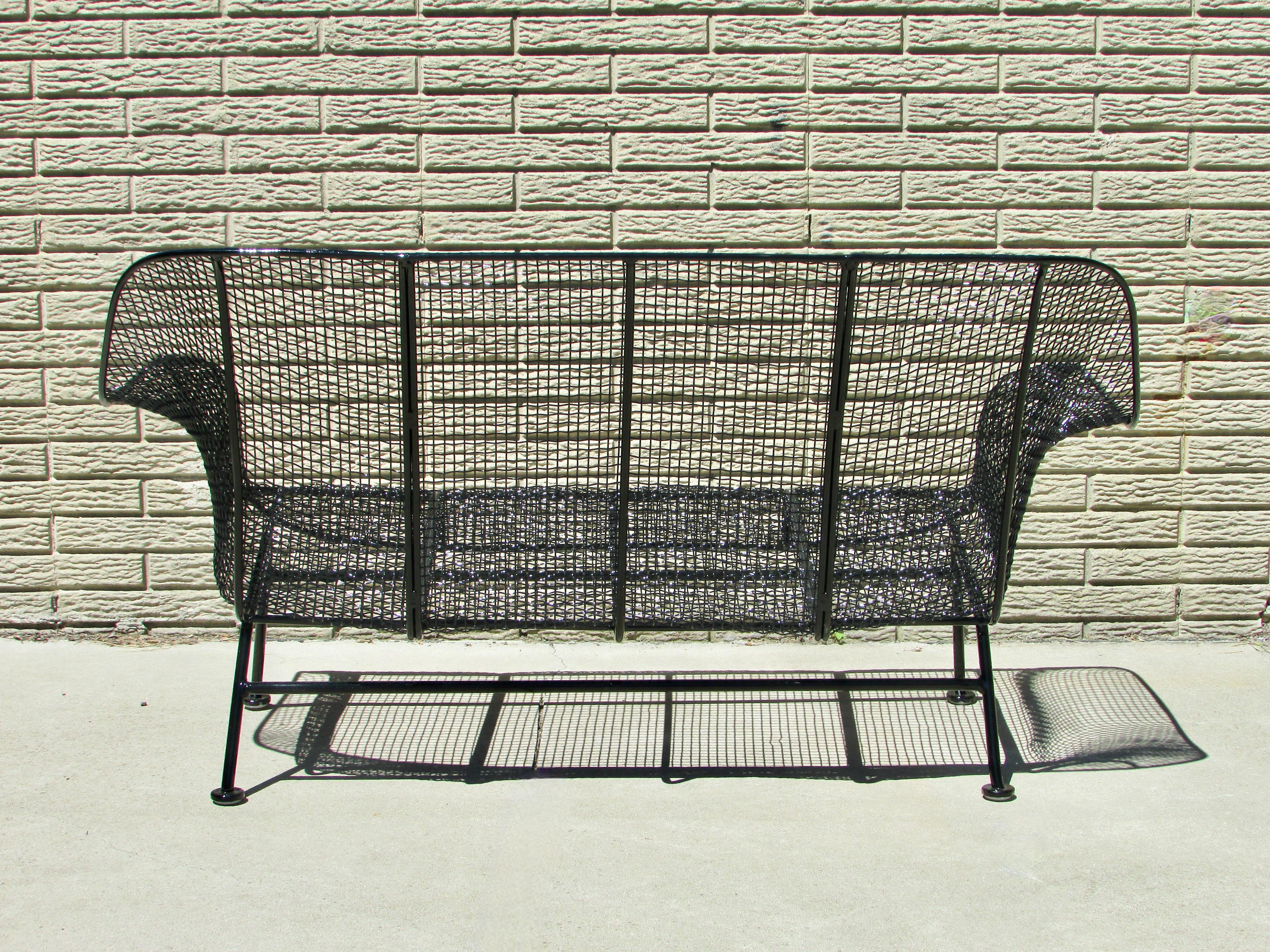 Pair of Woodard Wrought Iron with Steel Mesh Settees Recently Powder Coated 1