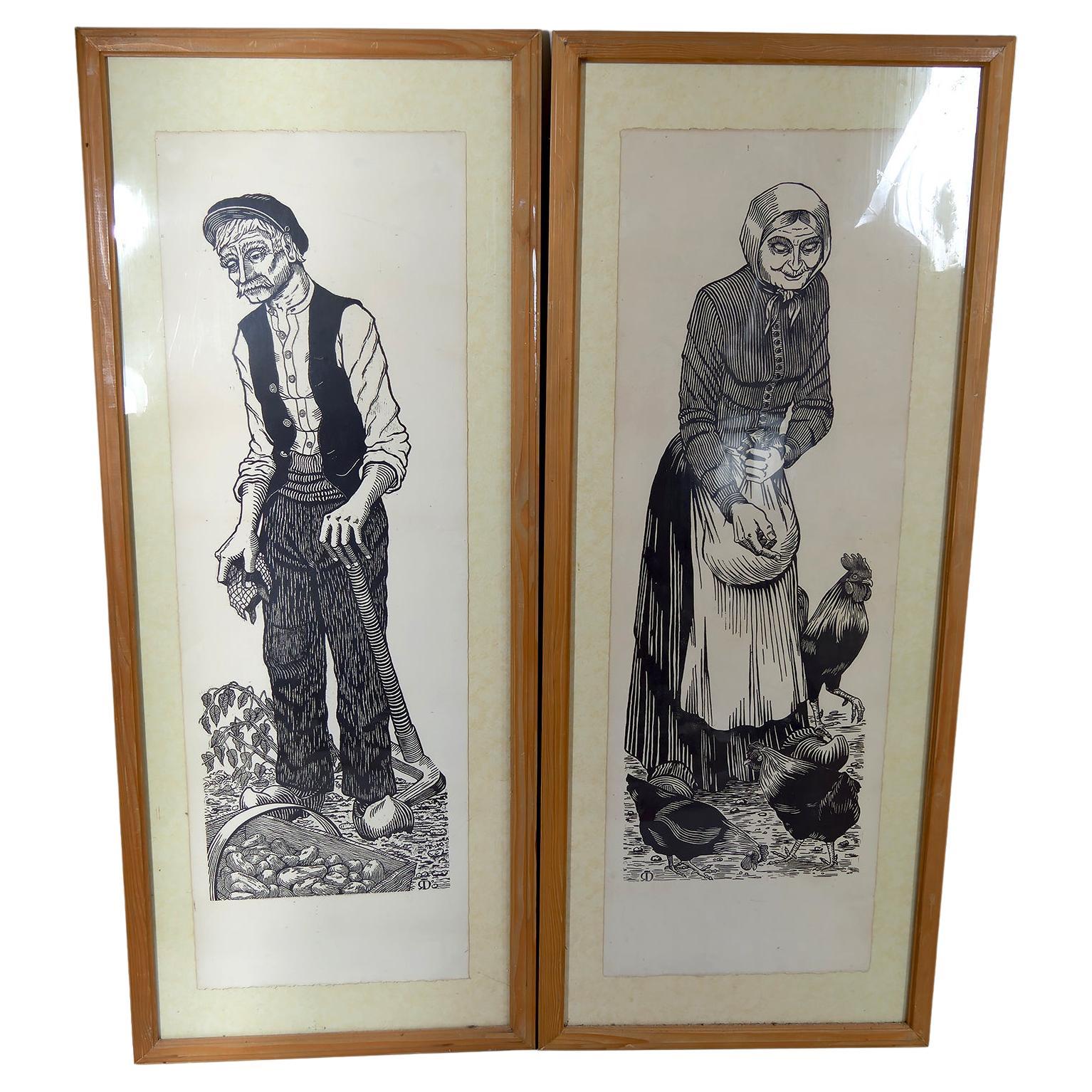 Pair of Woodcut Prints, "Couple of Peasants", France, Circa 1970