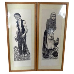 Pair of Woodcut Prints, "Couple of Peasants", France, Circa 1970