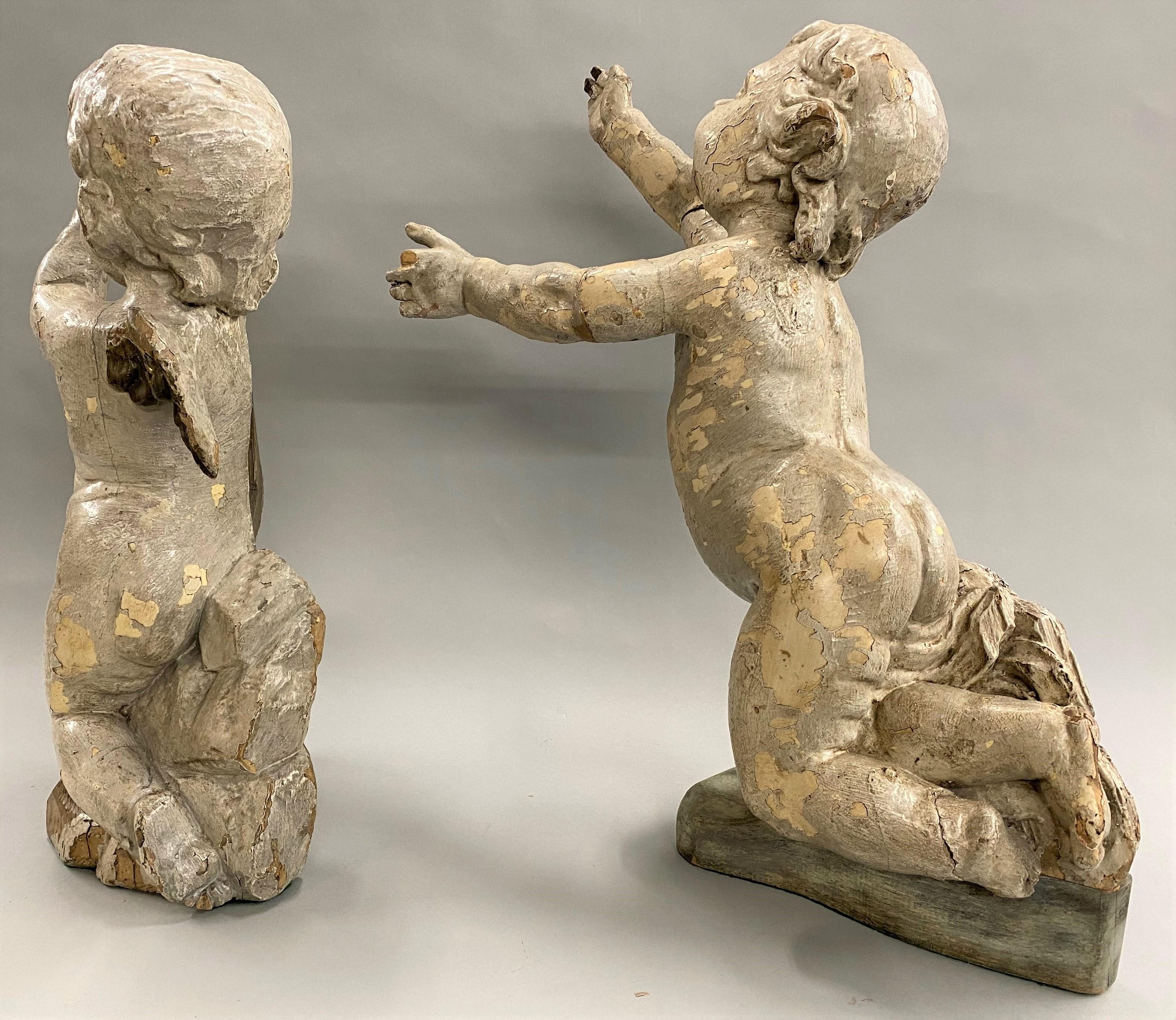Baroque Pair of Wooden 17th Century Carved Venetian Putti with Gesso & Paint Surface
