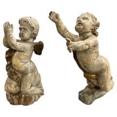 Pair of Wooden 17th Century Carved Venetian Putti with Gesso & Paint Surface