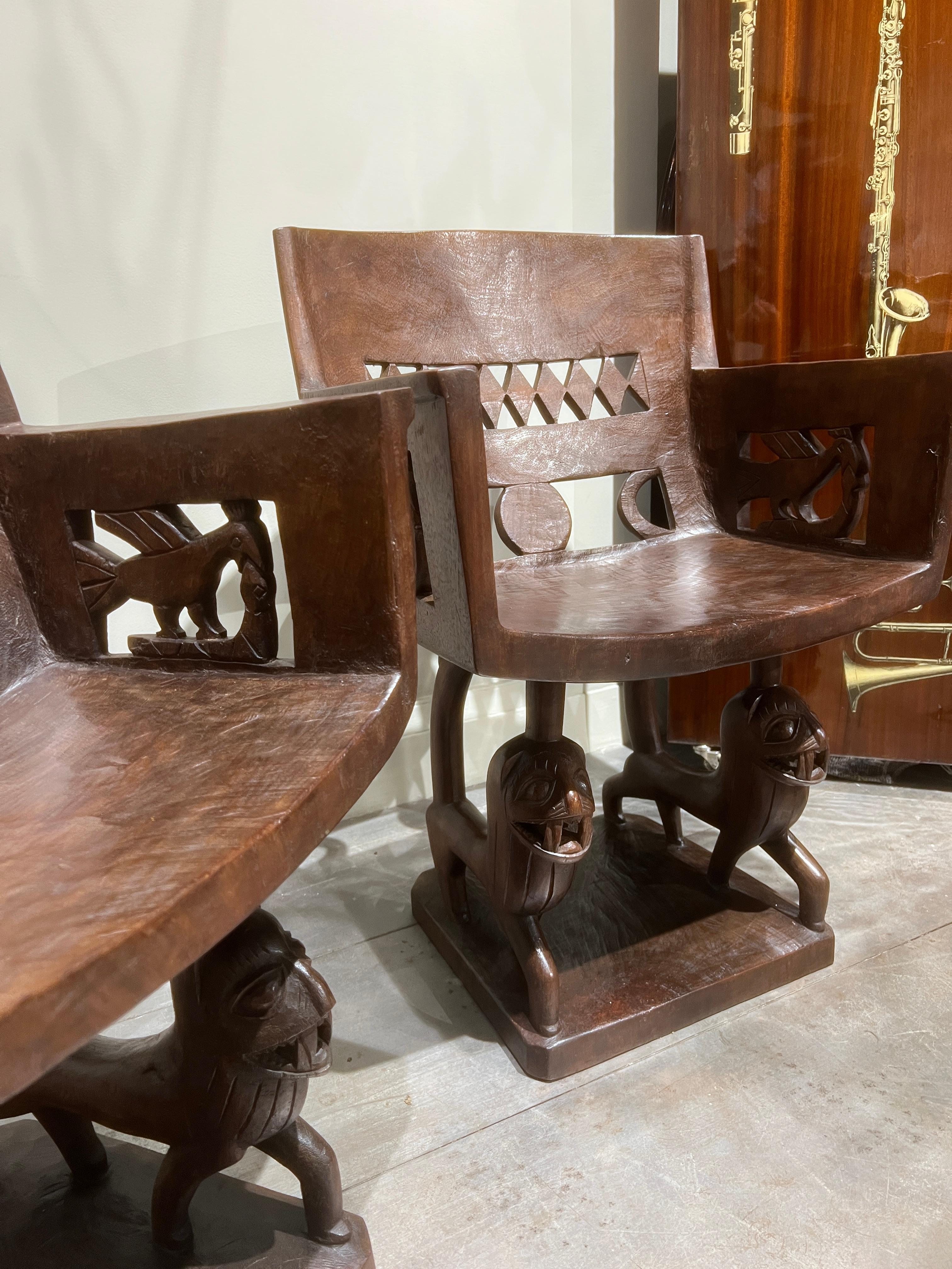 Primitive Pair of Wooden African Armchairs circa 1900 from the Dahomey Kingdom