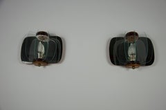 Pair of Wooden and Glass Wall Lamps, Italy, 1960s