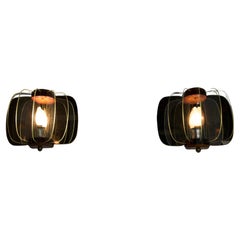 Pair of Wooden and Glass Wall Lamps, Italy, 1960s