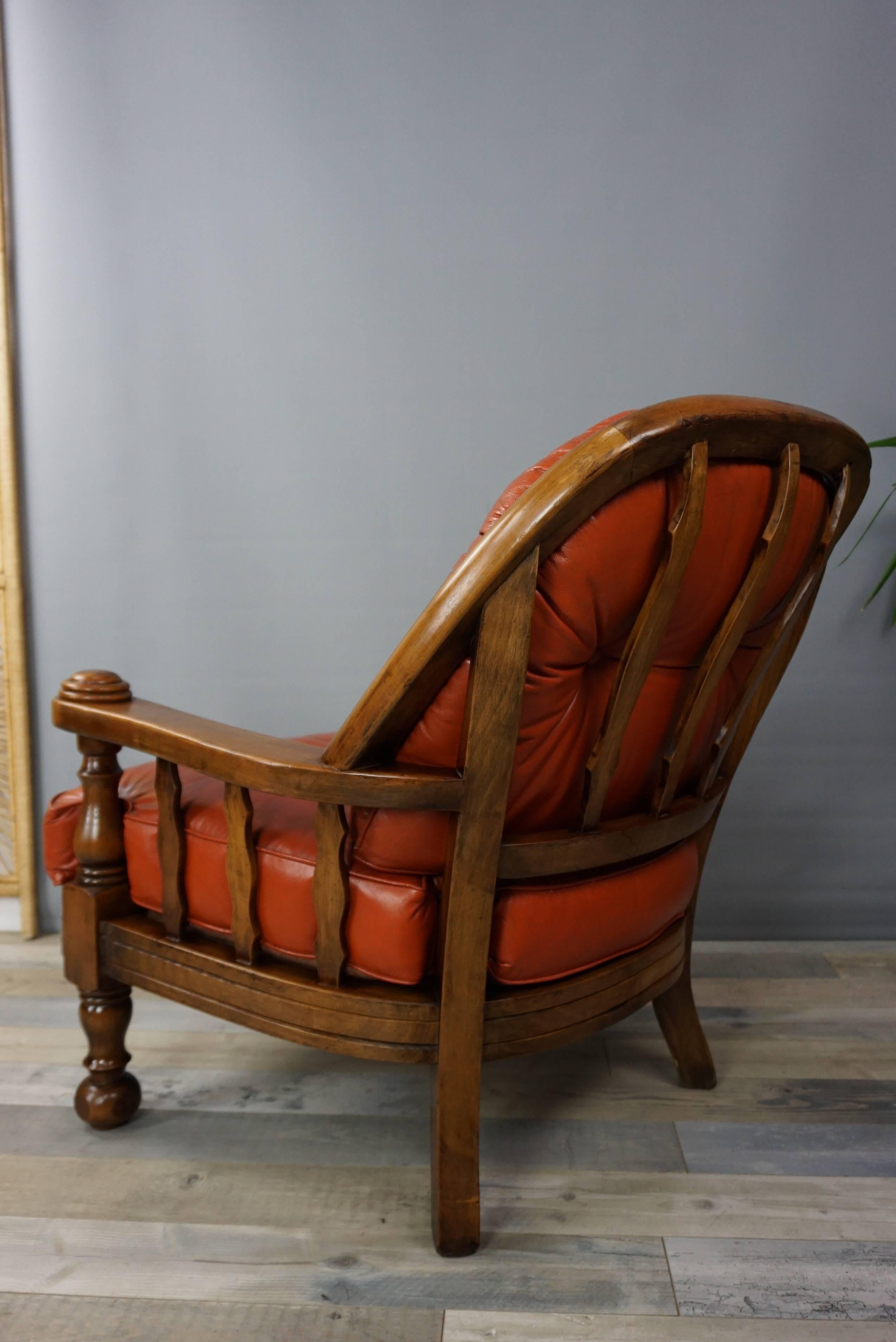 European Pair of Wooden and Leather Armchairs For Sale