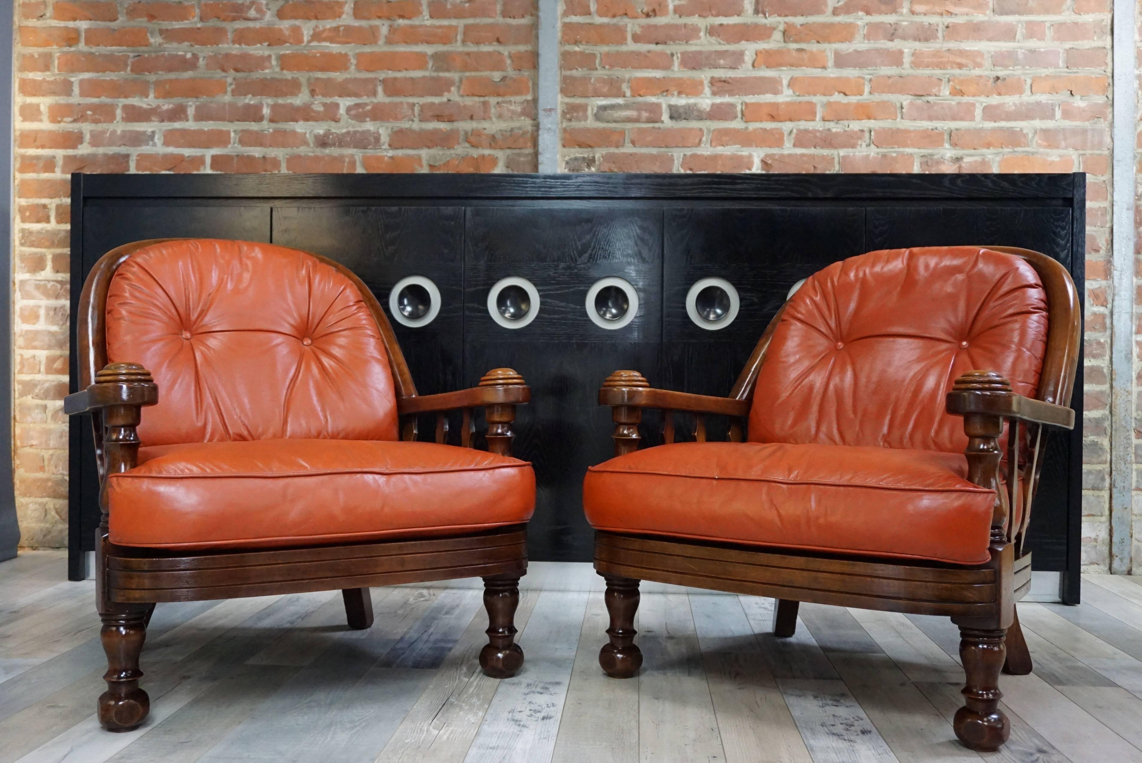 Pair of Wooden and Leather Armchairs For Sale 1