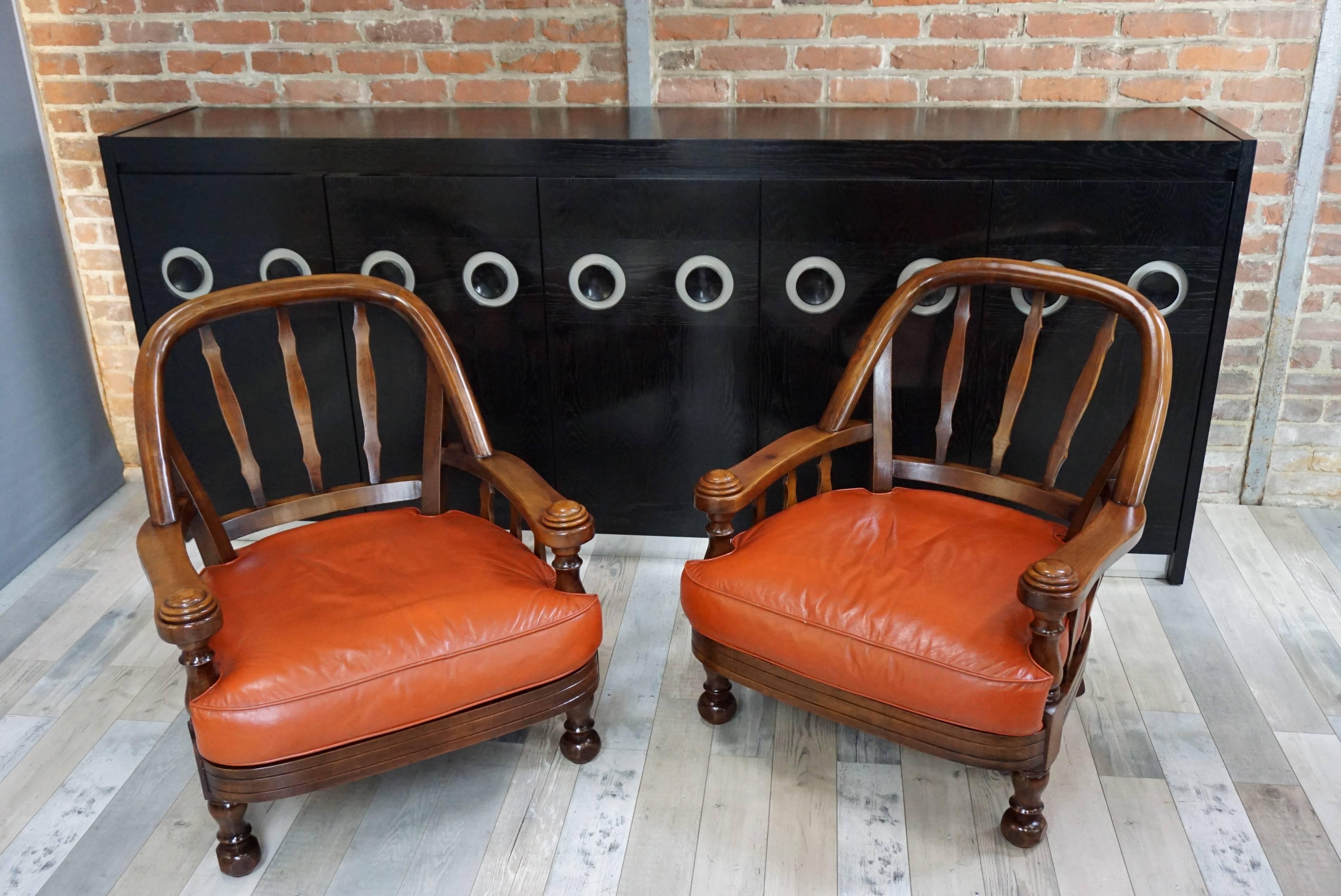 Pair of Wooden and Leather Armchairs For Sale 2