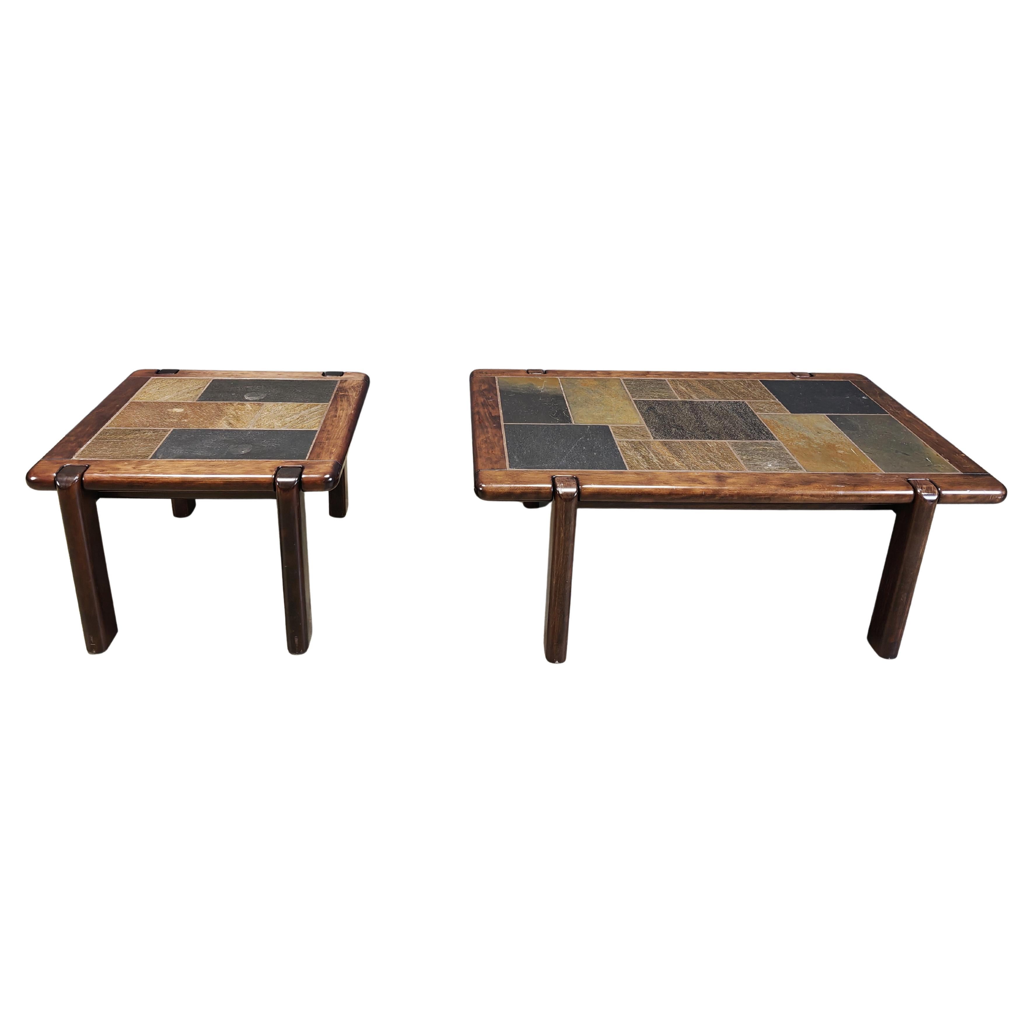 Pair of wooden and slate stone coffee tables by Dyrlund, 1960s