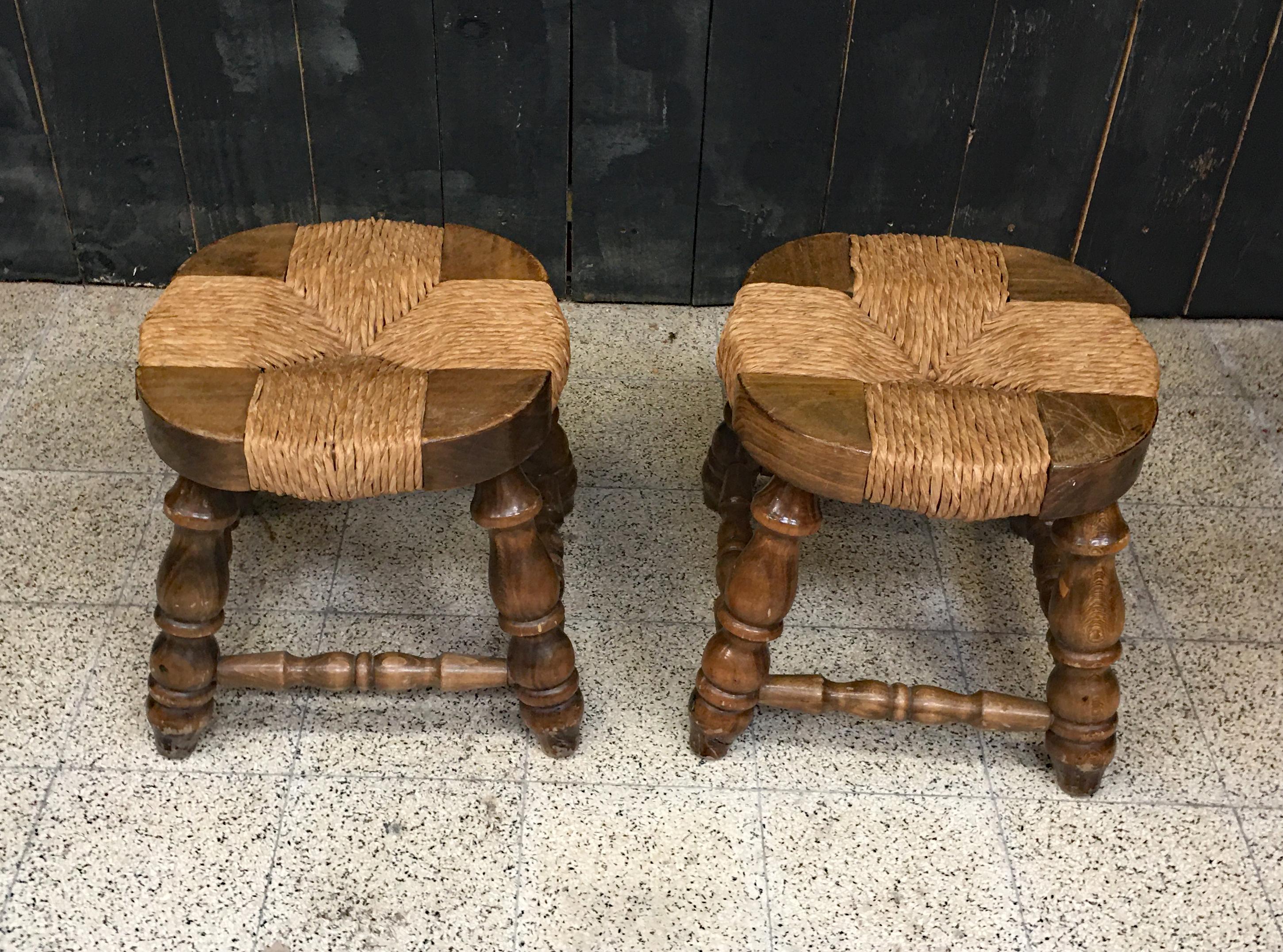 Pair of Wooden and Straw Stools circa 1950/1960 For Sale 5
