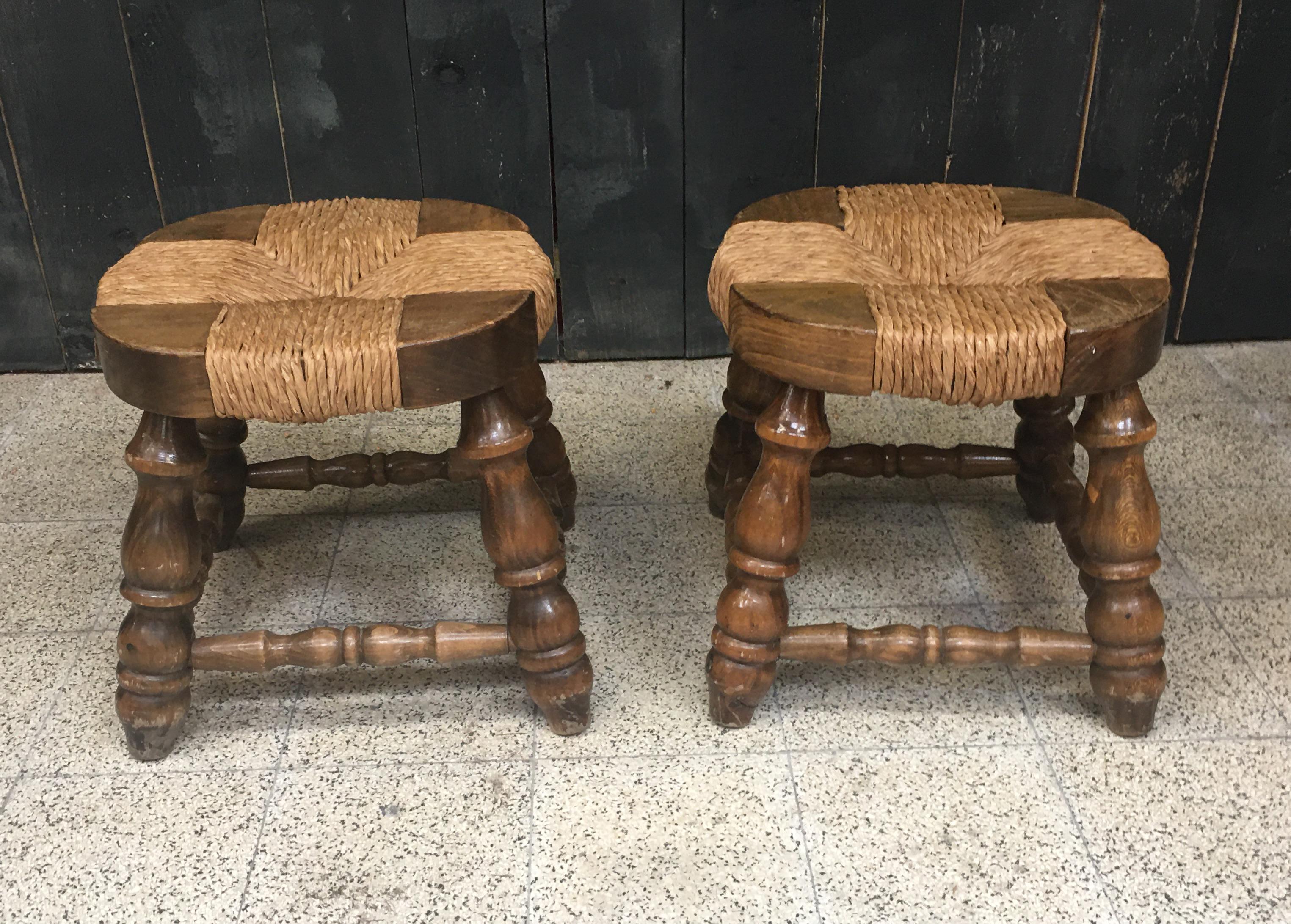 Pair of Wooden and Straw Stools circa 1950/1960 For Sale 7