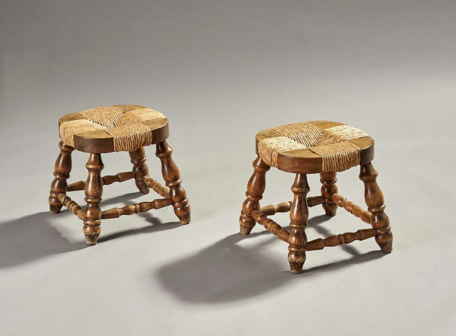 Pair of wooden and straw stools circa 1950/1960.