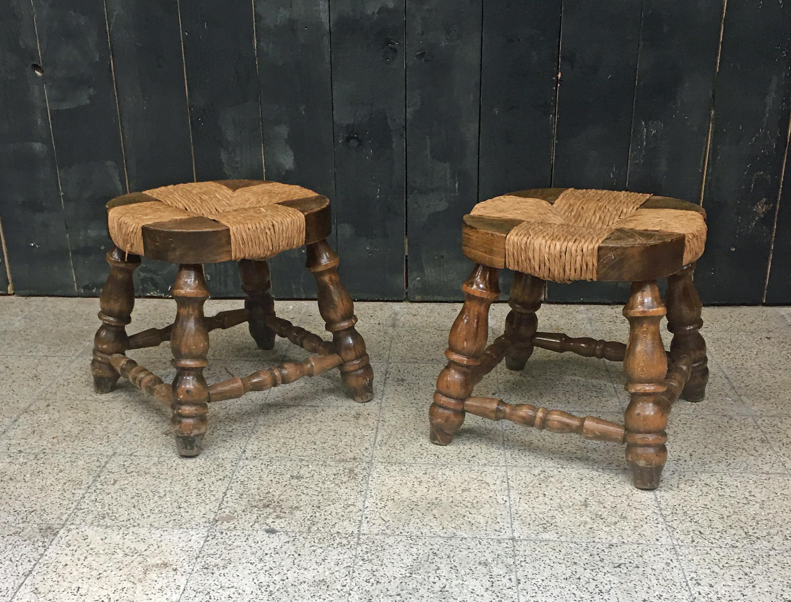 Mid-Century Modern Pair of Wooden and Straw Stools circa 1950/1960 For Sale
