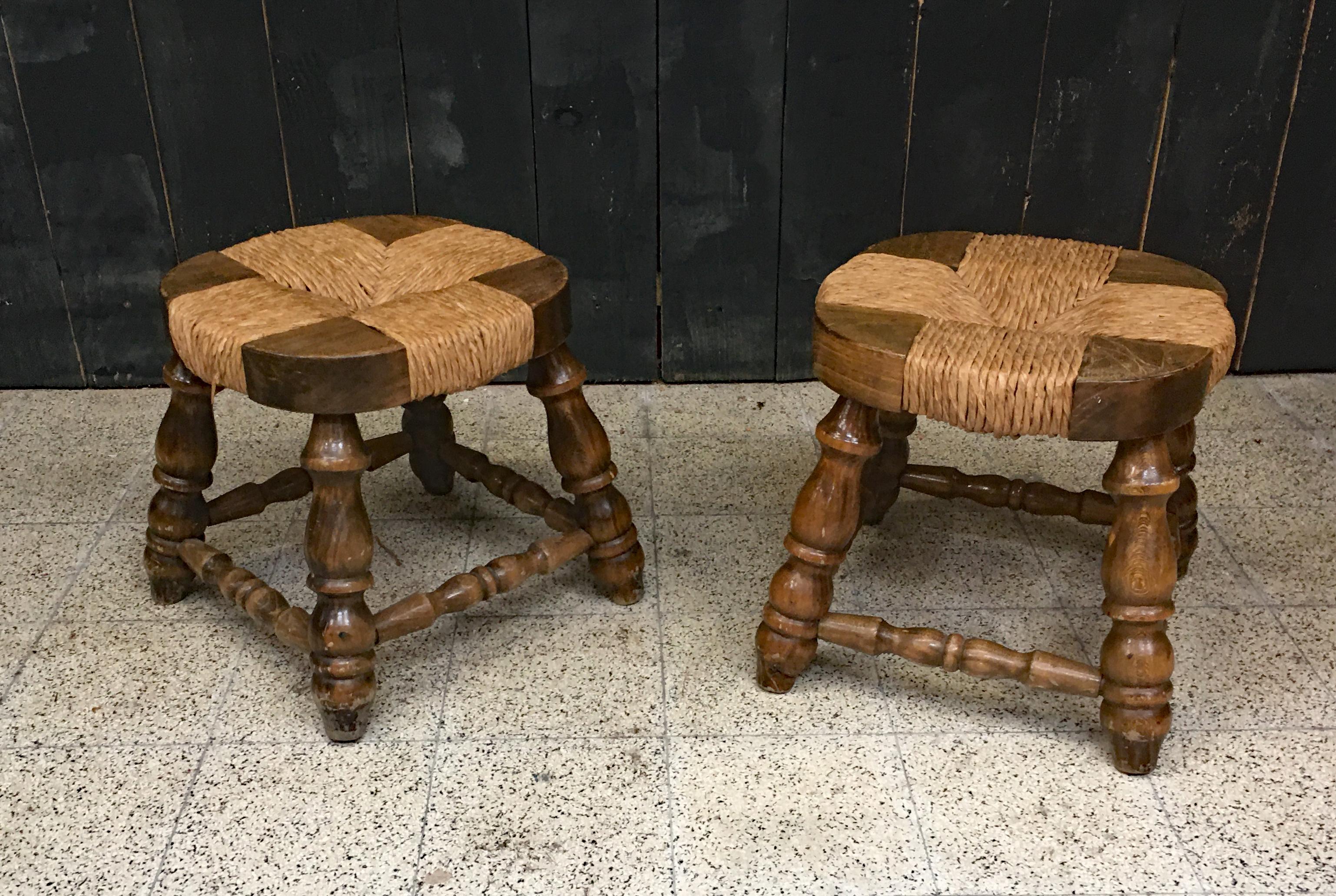 Pair of Wooden and Straw Stools circa 1950/1960 In Good Condition For Sale In Saint-Ouen, FR