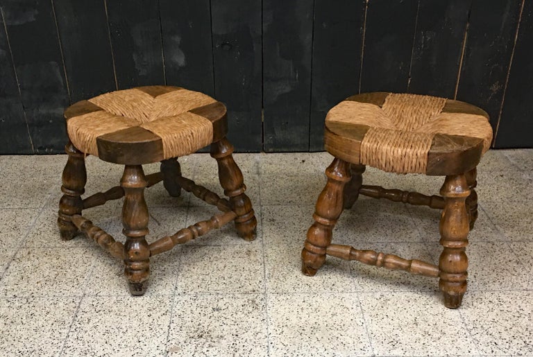 Pair of Wooden and Straw Stools circa 1950/1960 For Sale at 1stDibs