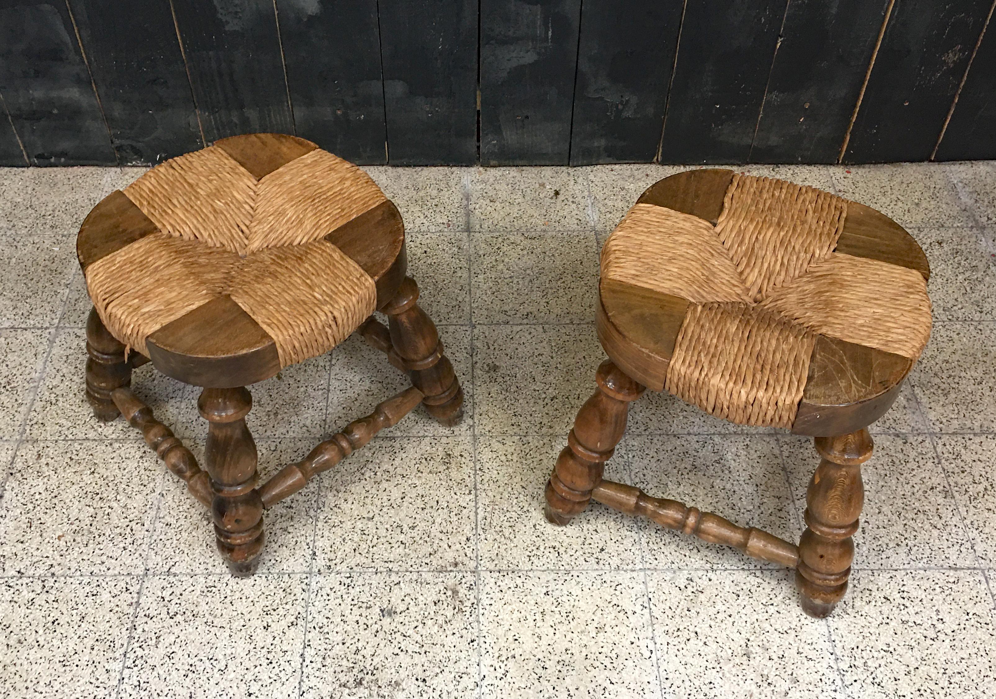 Pair of Wooden and Straw Stools circa 1950/1960 For Sale 1