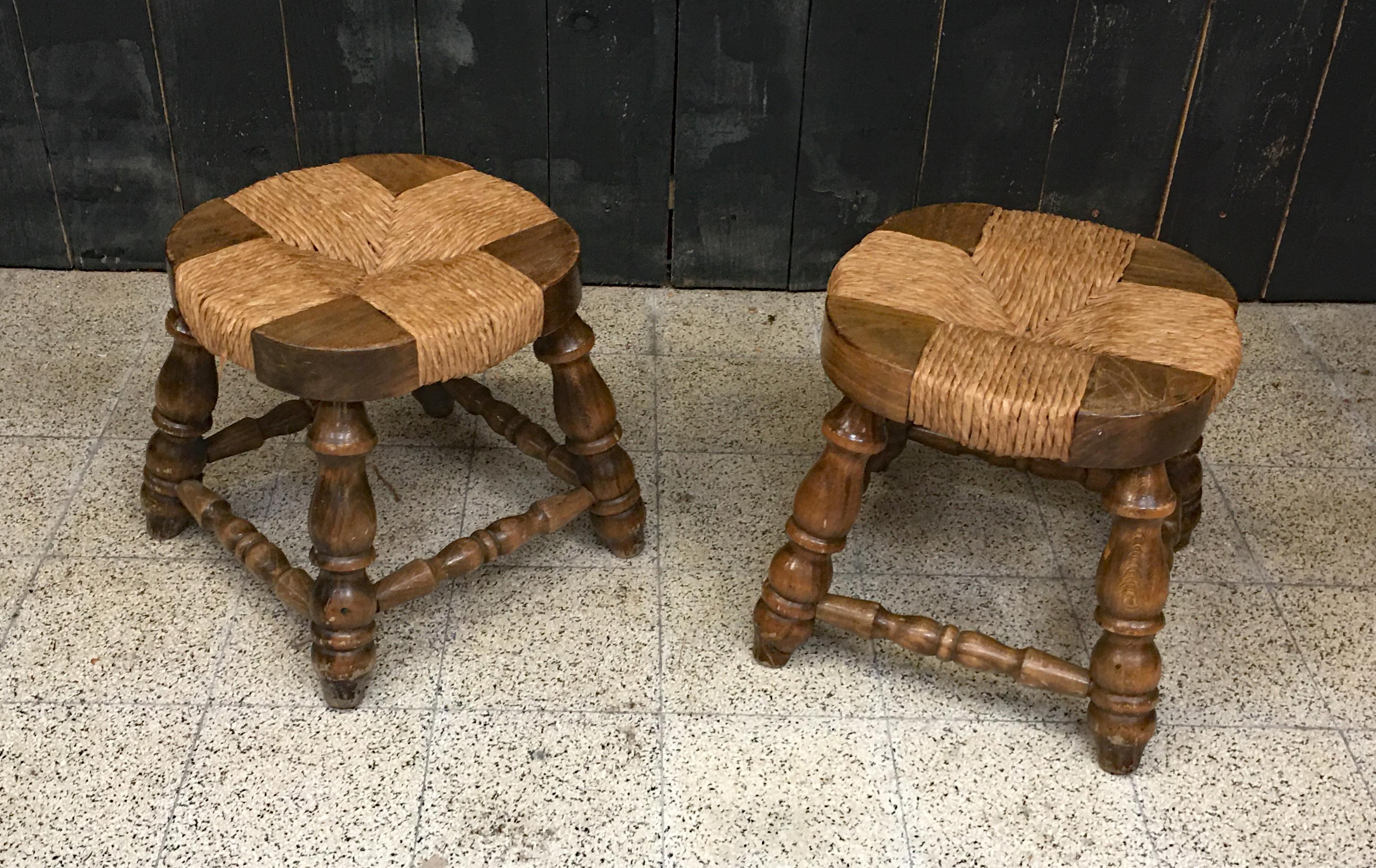 Pair of Wooden and Straw Stools circa 1950/1960 For Sale 3
