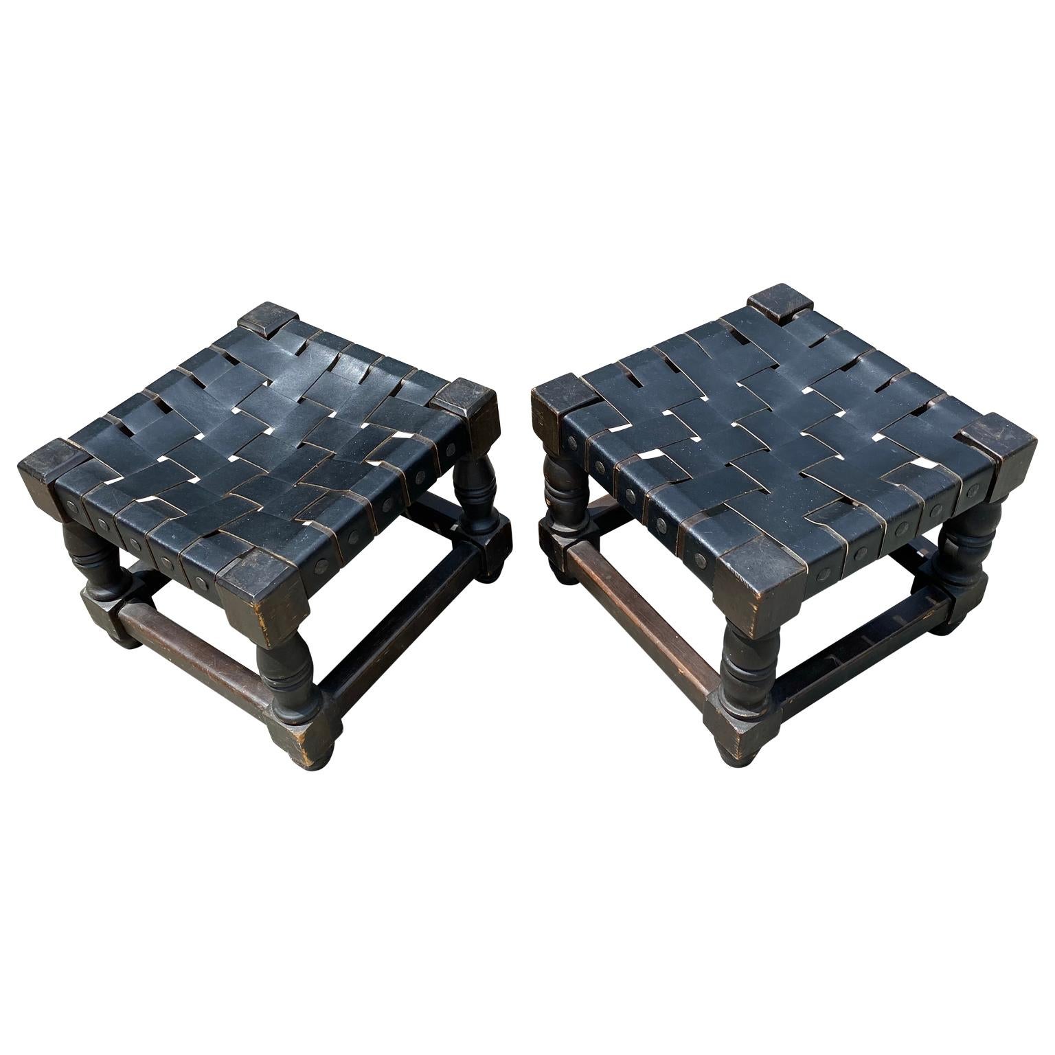 Spanish Colonial Pair Of Wooden And Woven Black Leather Straps Stools
