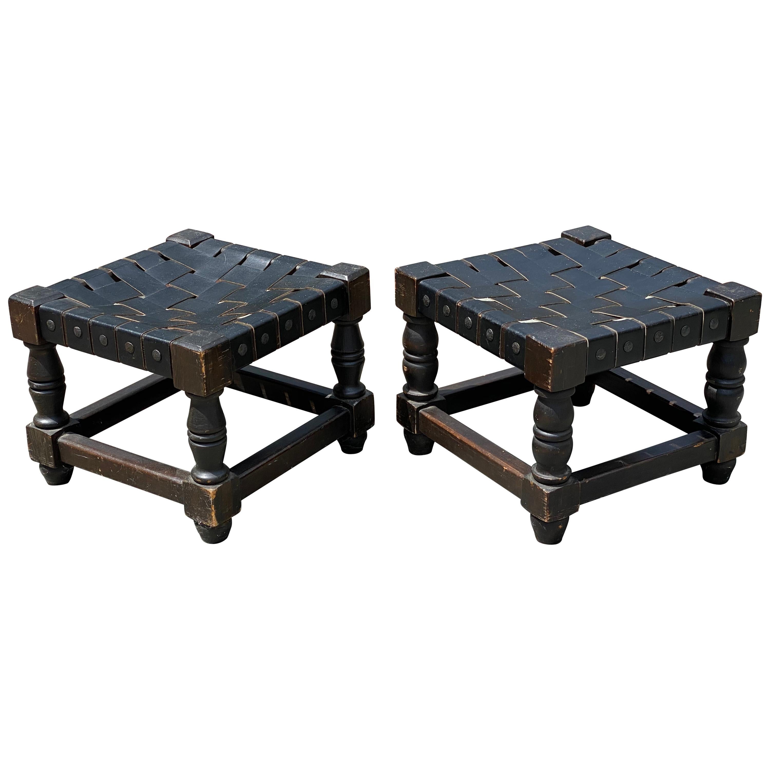 Pair Of Wooden And Woven Black Leather Straps Stools