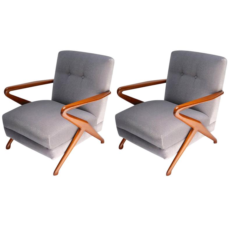 Pair of Wooden Armchairs in Grey Mohair, Attributed to Carlo de Carli, 1960s