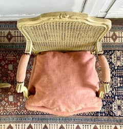 Pair of Wooden Armchairs with Caned Backrest & Pink Linen Louis XV Style French