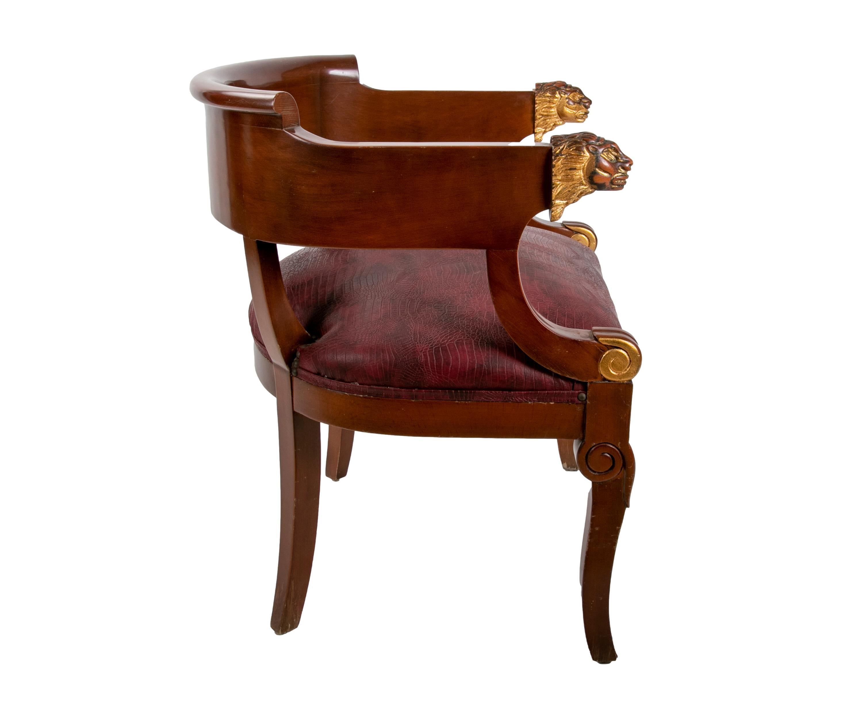 Faux Leather Pair of Wooden Armchairs with Lions on the Armrests For Sale