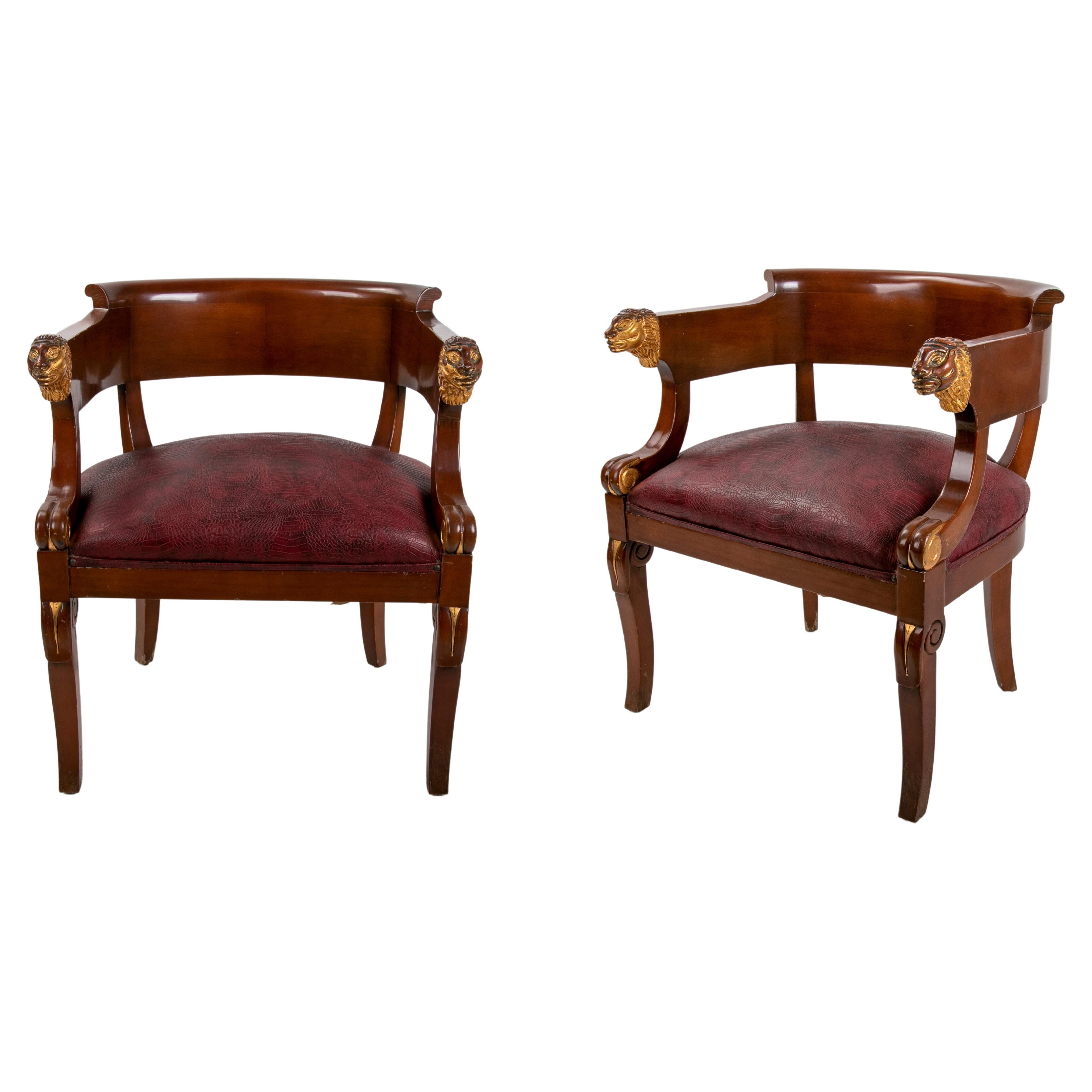 Pair of Wooden Armchairs with Lions on the Armrests