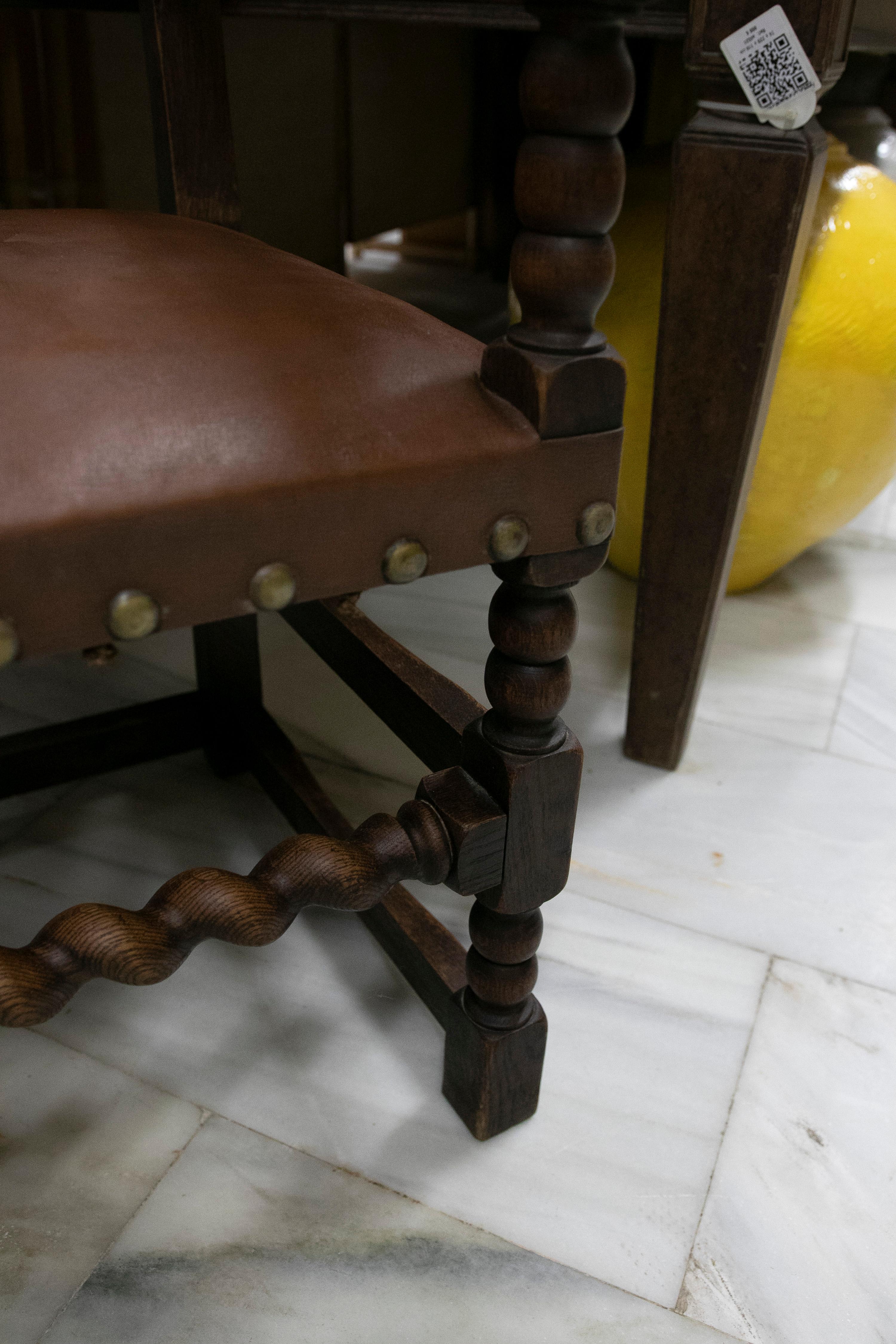 Pair of Wooden Armchairs with Studded Leather Seat and Backrest For Sale 5