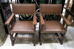 Pair of Wooden Armchairs with Studded Leather Seat and Backrest