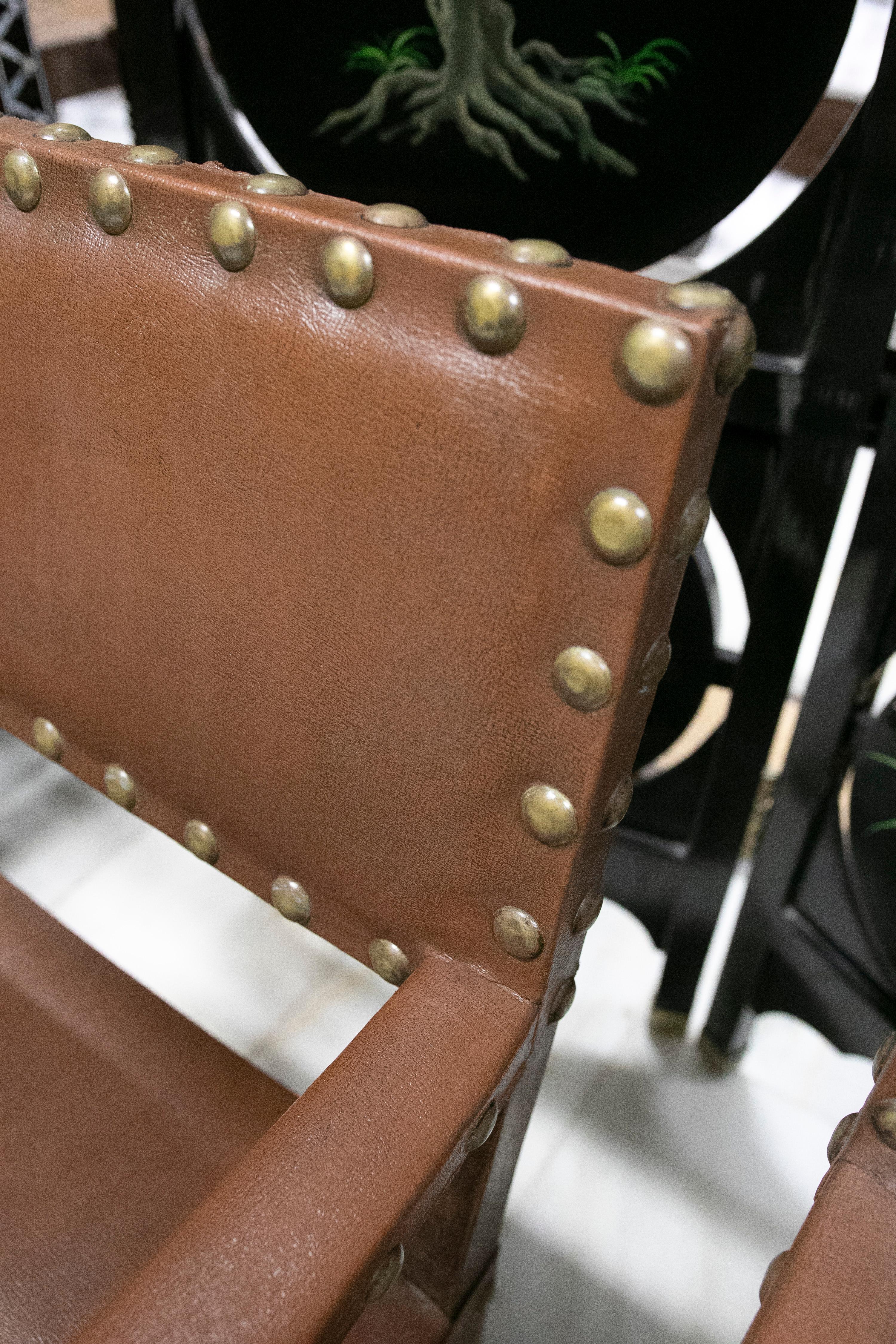 Metal Pair of Wooden Armchairs with Studded Leather Seat and Backrest For Sale