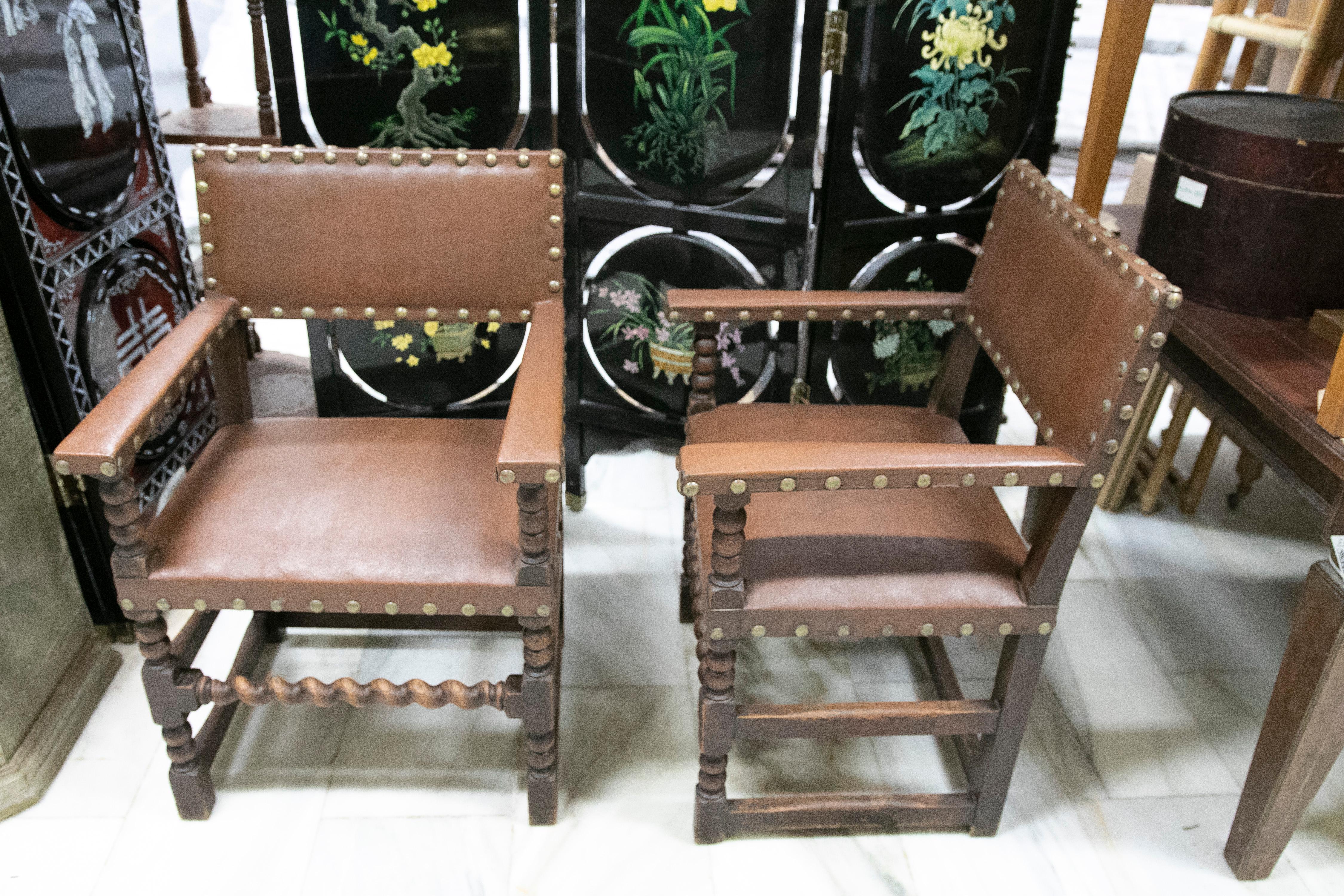 Pair of Wooden Armchairs with Studded Leather Seat and Backrest For Sale 1