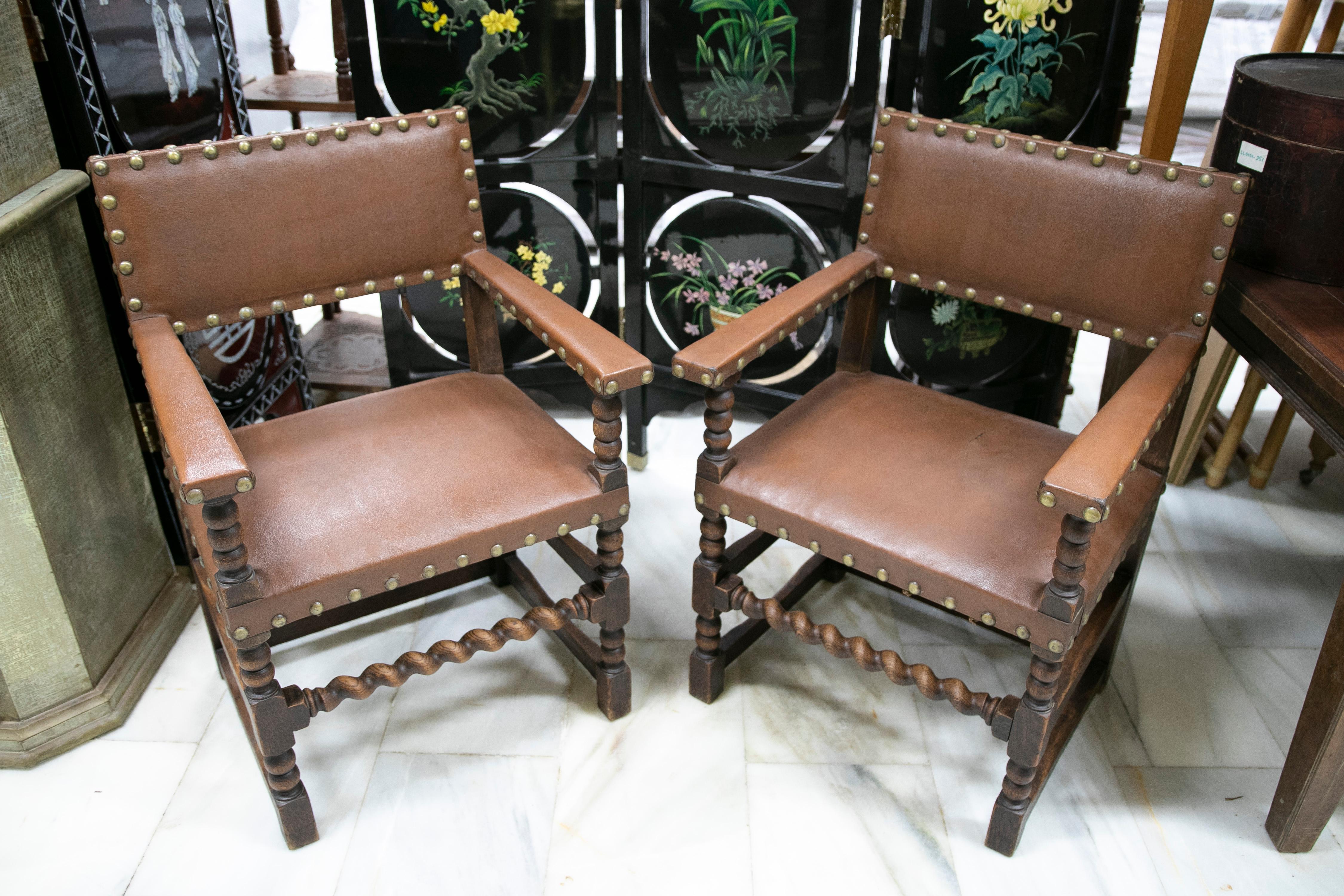 Pair of Wooden Armchairs with Studded Leather Seat and Backrest For Sale 2