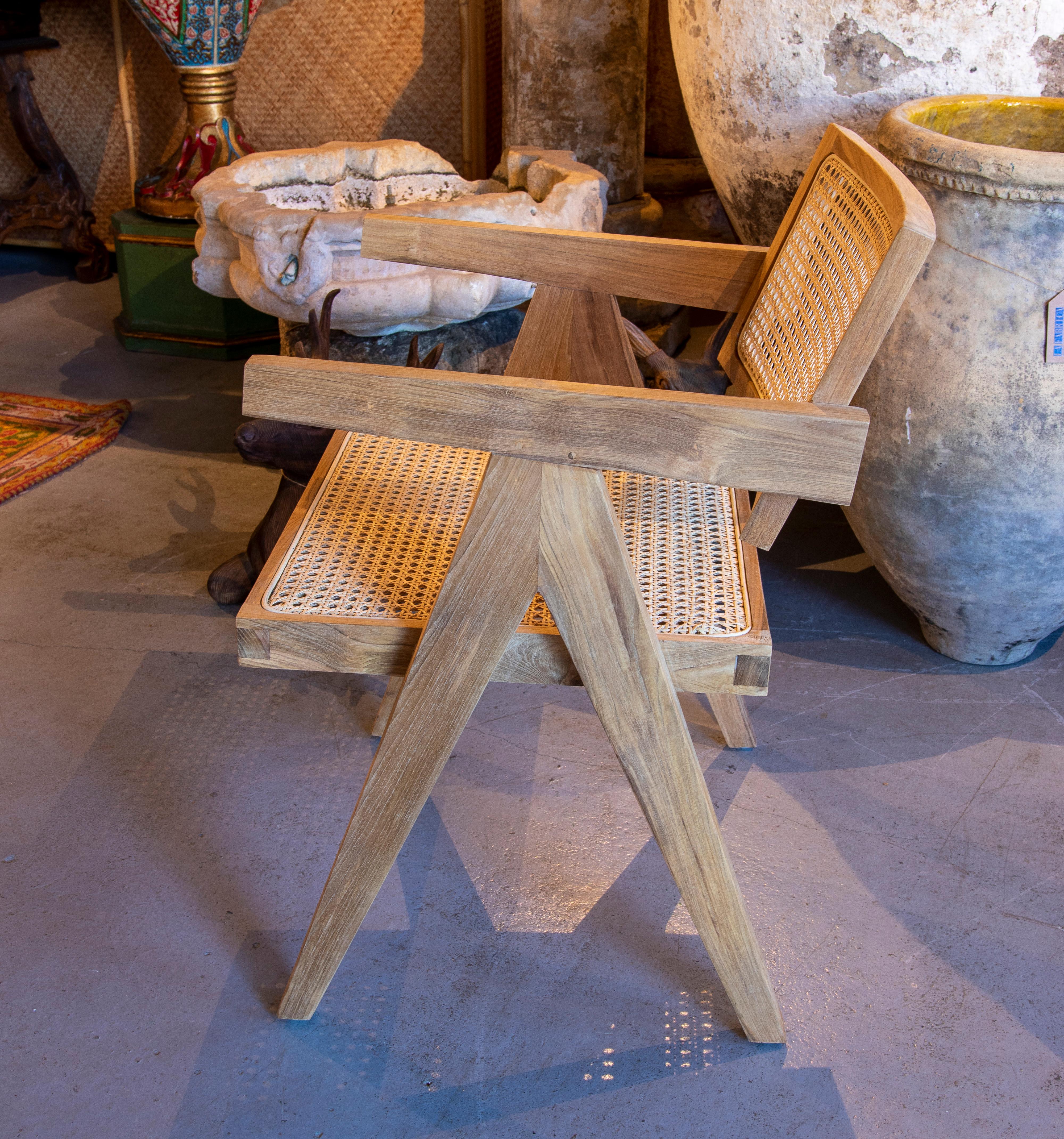 Pair of Wooden Armchairs with Wicker Backrest and Seat In Good Condition For Sale In Marbella, ES