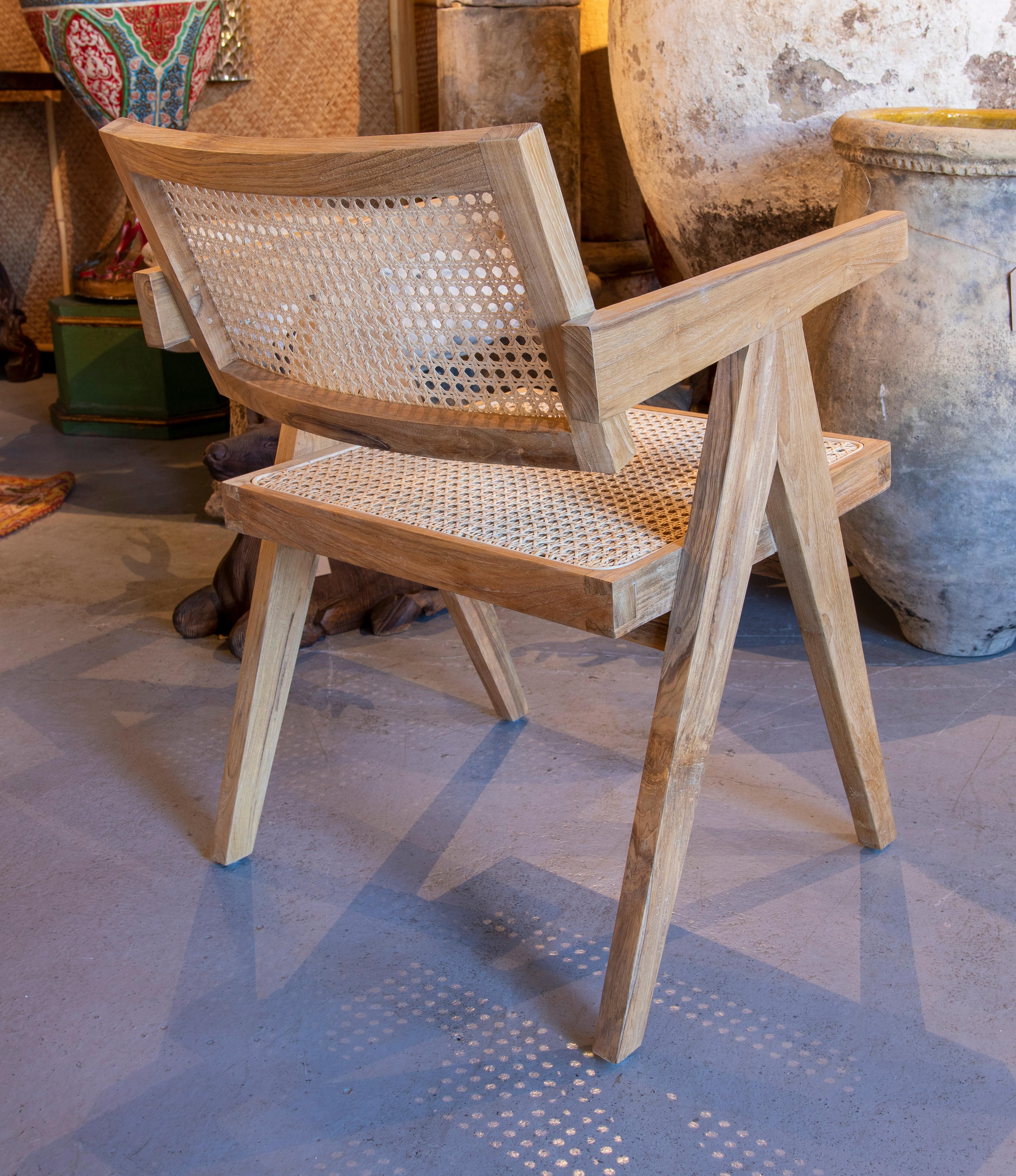 Pair of Wooden Armchairs with Wicker Backrest and Seat For Sale 2