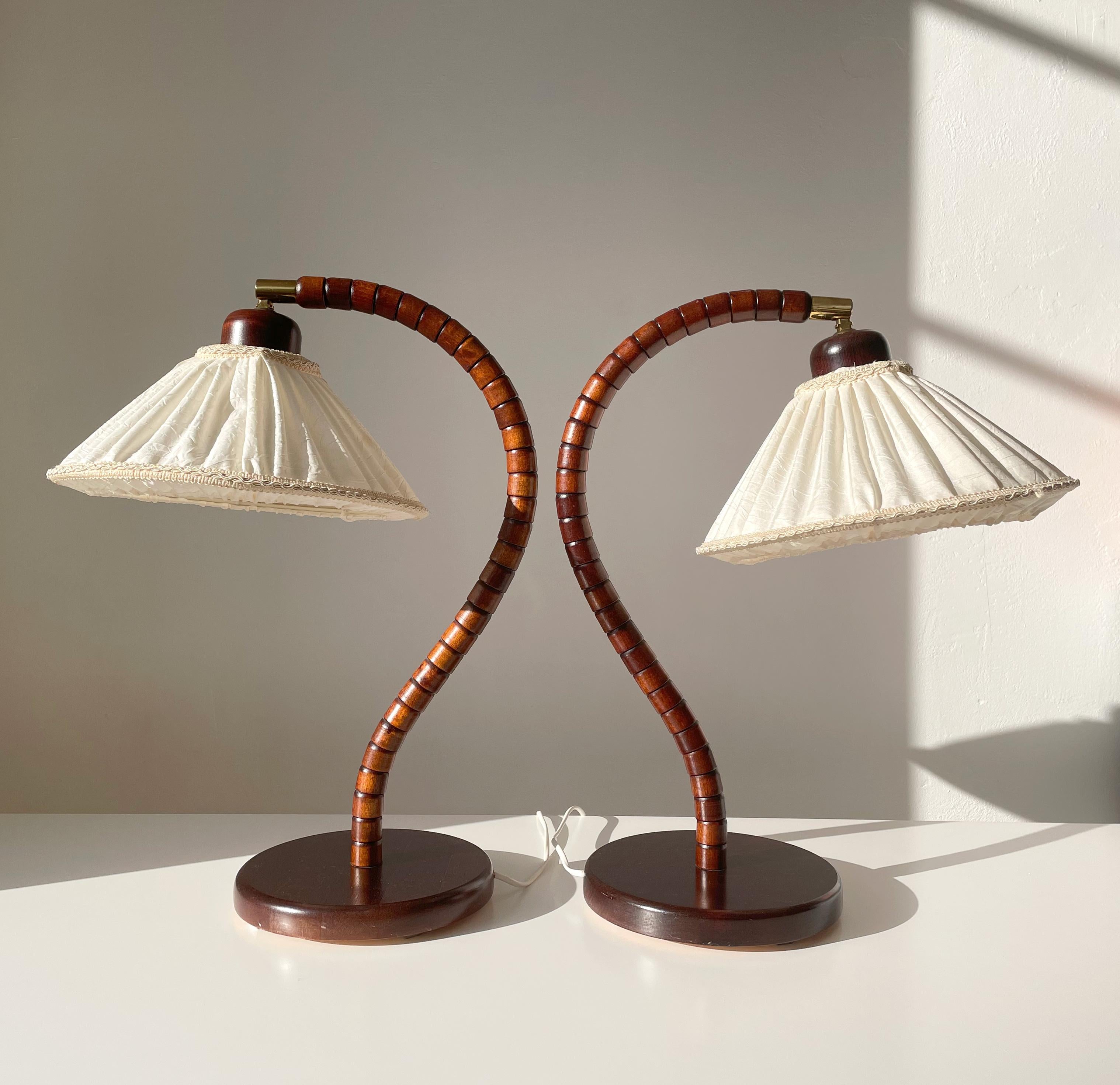 Scandinavian Modern Pair of Wooden Art Deco Style Cream Shade Lamps by Markslöjd, 1960s