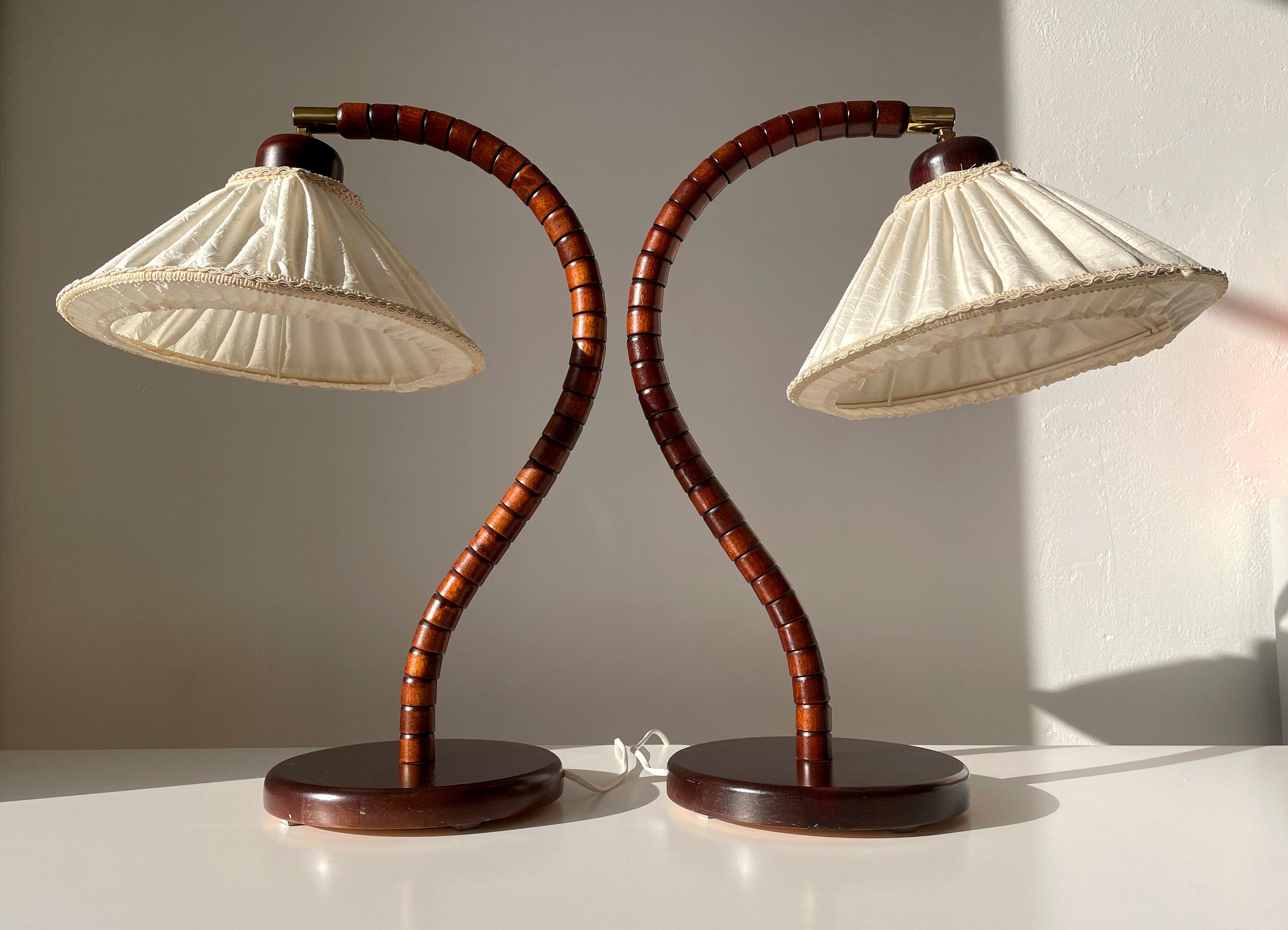 Swedish Pair of Wooden Art Deco Style Cream Shade Lamps by Markslöjd, 1960s