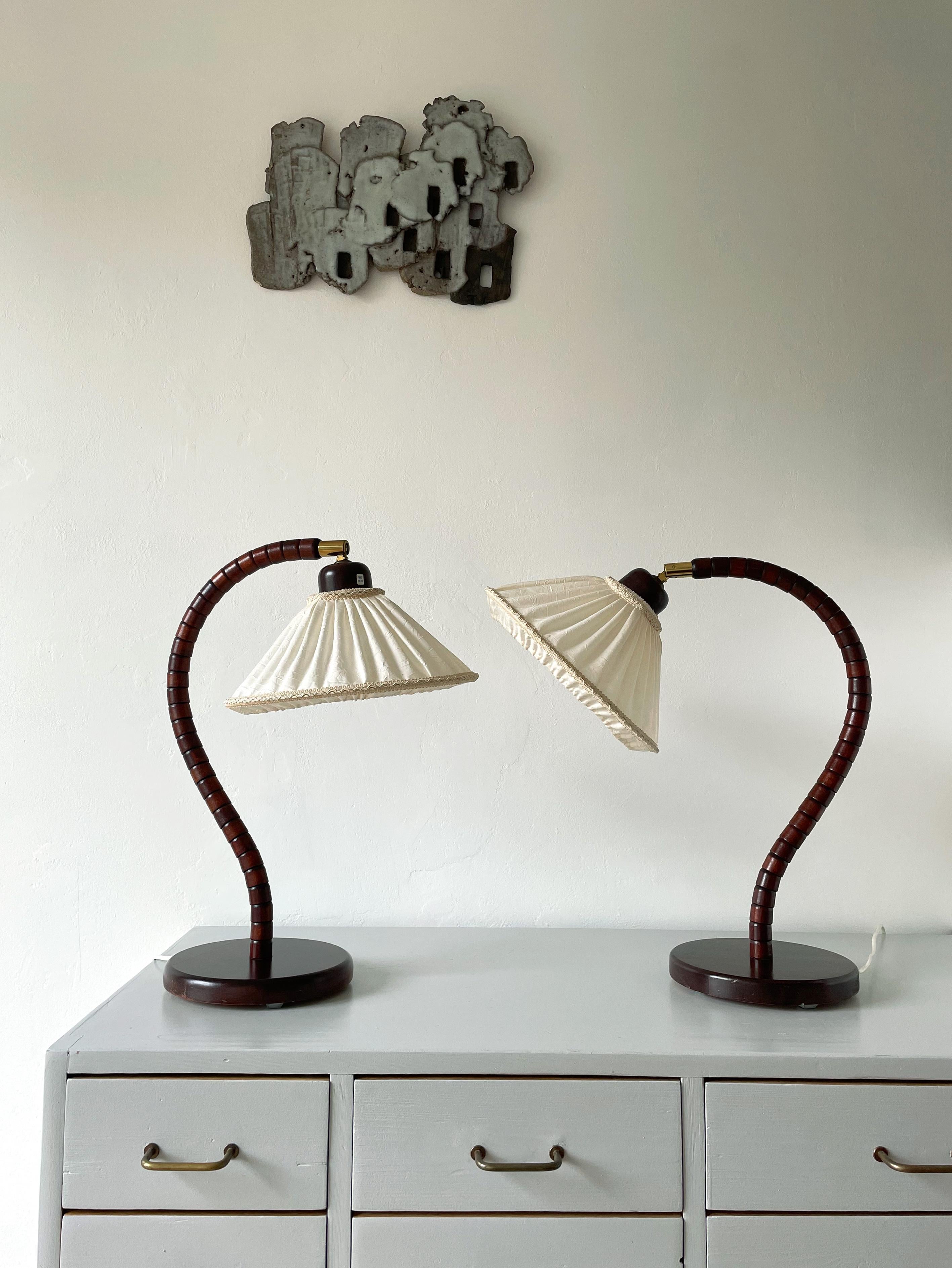 Brass Pair of Wooden Art Deco Style Cream Shade Lamps by Markslöjd, 1960s