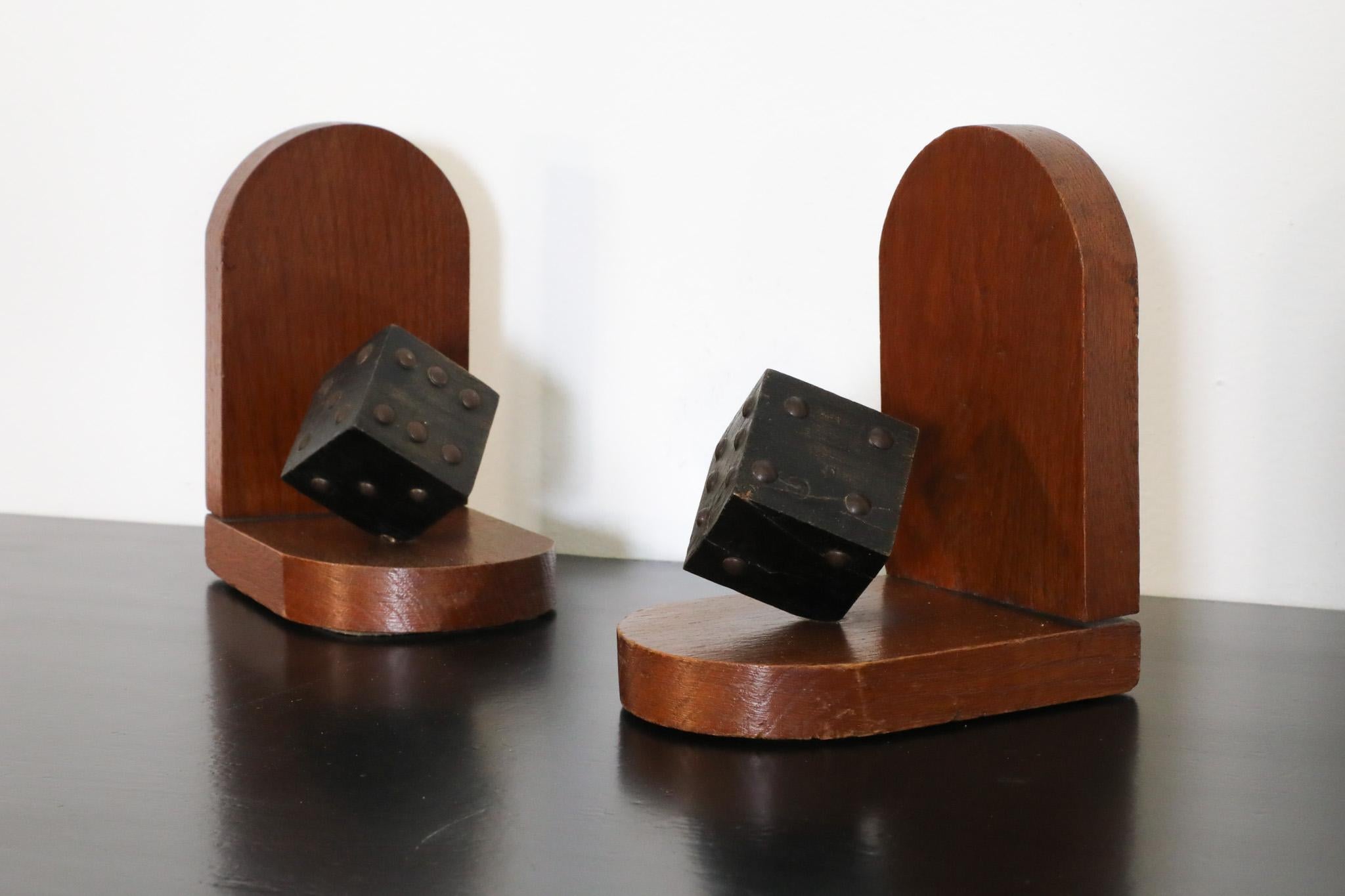 Pair of Wooden Arts & Crafts Dice Bookends For Sale 7