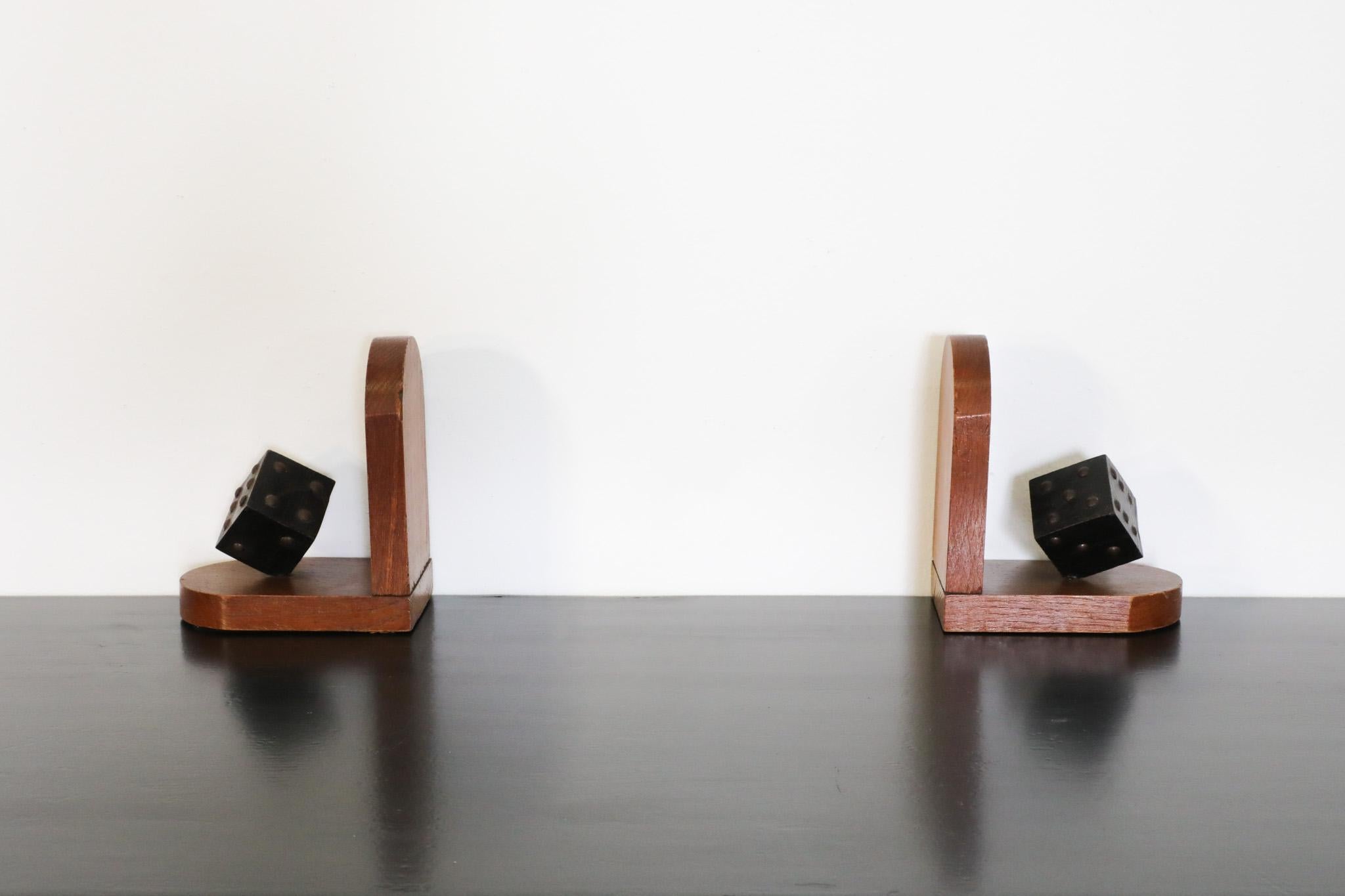 Mid-Century Modern Pair of Wooden Arts & Crafts Dice Bookends For Sale